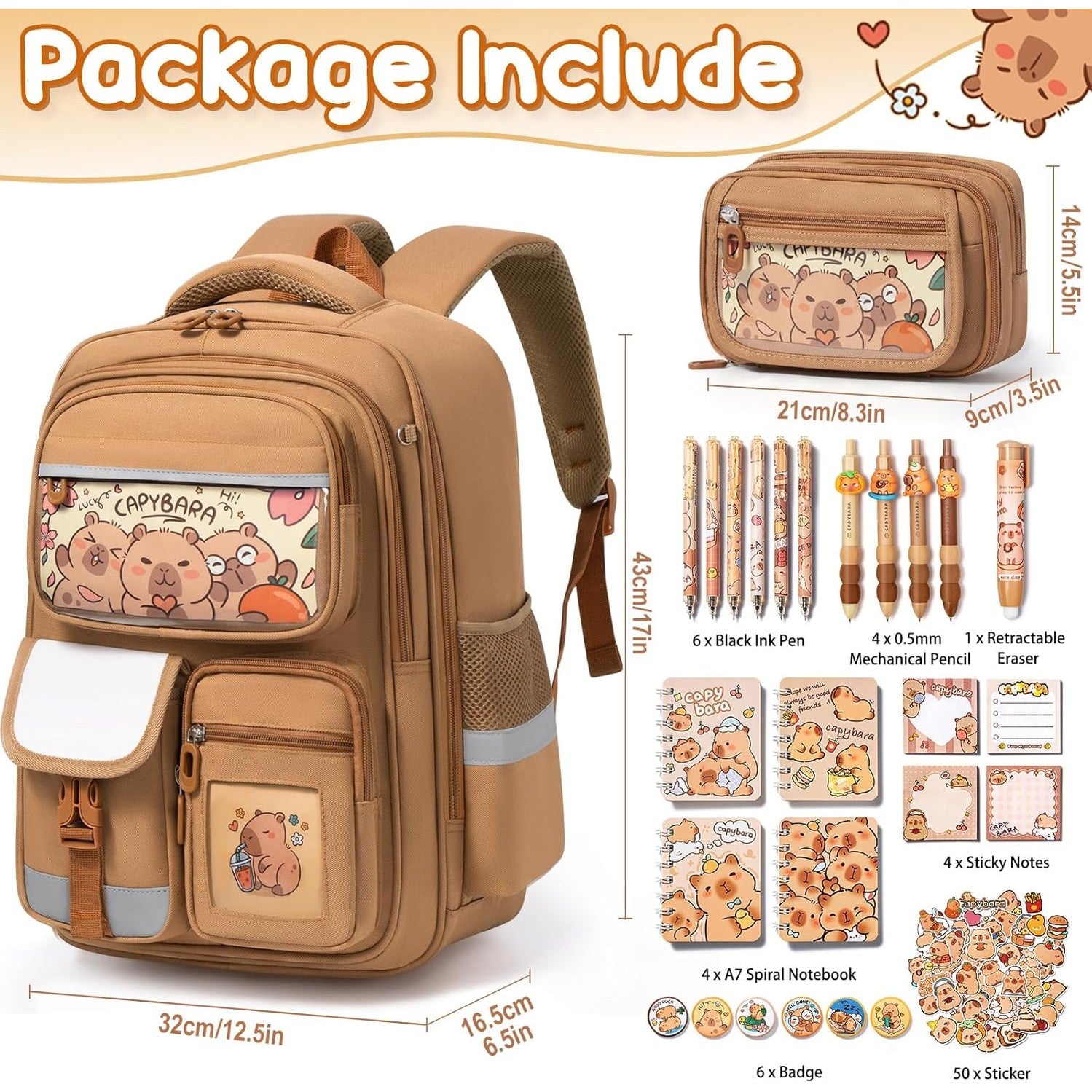 Fimibuke Capybara Kids Backpack & 28-Piece School Supplies Set - panda