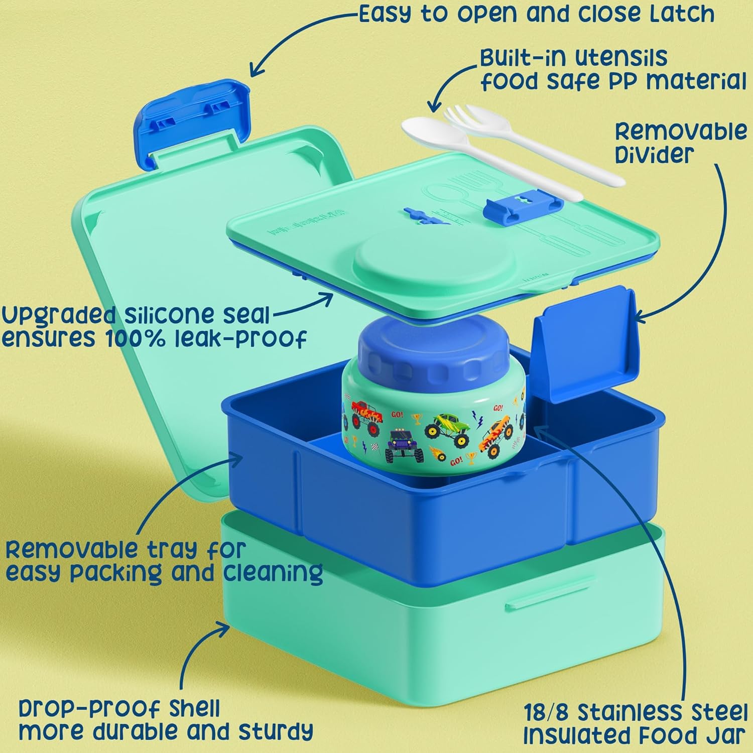Fimibuke Bento Box for Kids & Adults, Leak-Proof with 8.5oz Insulated Thermos, Utensils & Sauce Jar, 3-4 Compartments