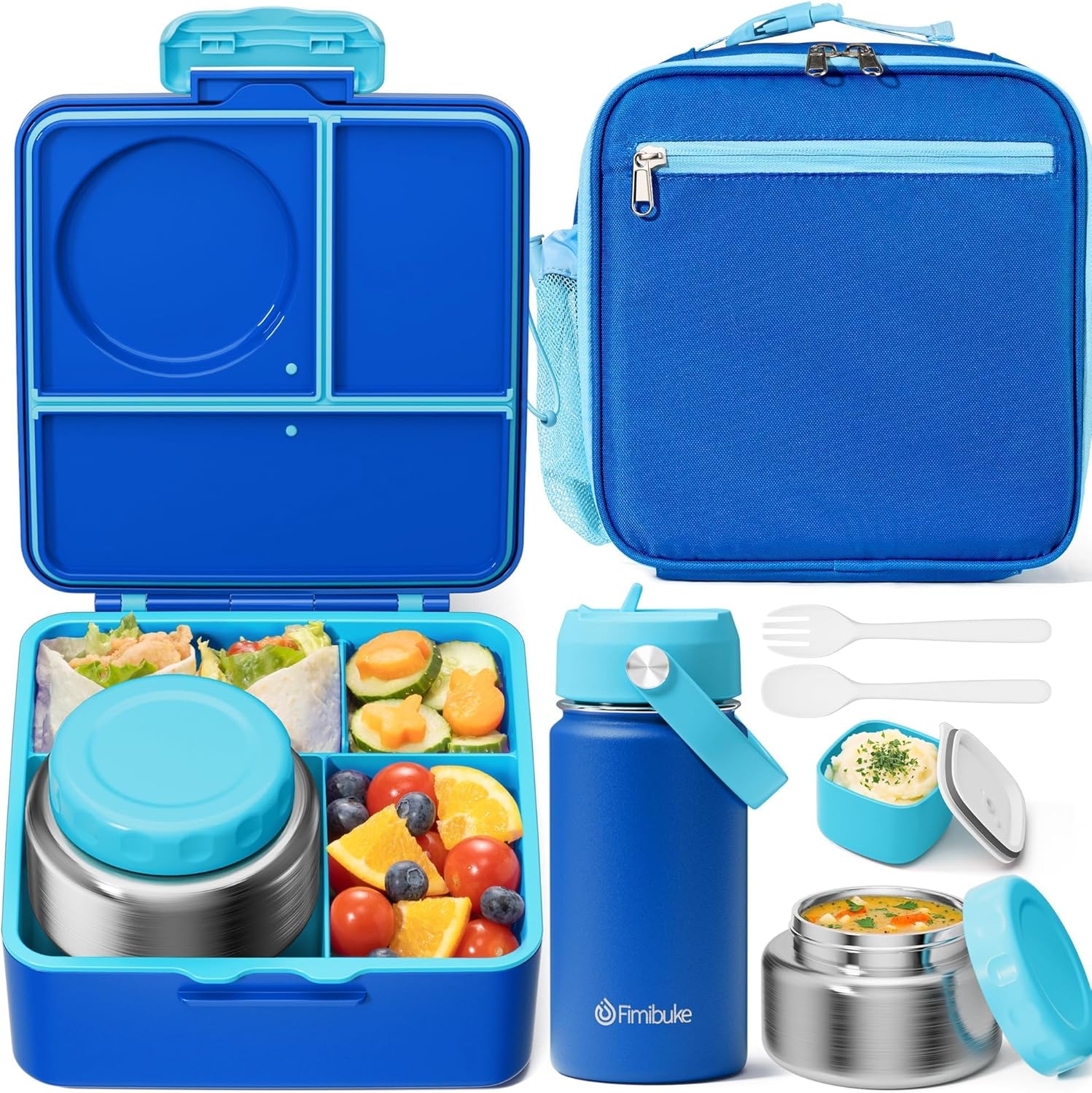 Fimibuke Bento Box Set for Kids & Adults, Leak-Proof 3-4 Compartments with Insulated Thermos, Water Bottle & Lunch Bag
