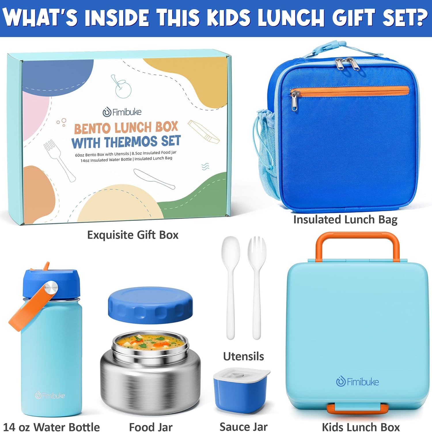 Fimibuke Kids Bento Lunch Box with 8.5oz Insulated Thermos, Leak-Proof Lunch Bag & Water Bottle, 3-4 Compartments