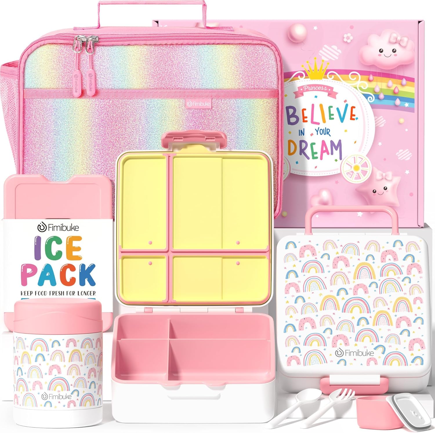 Fimibuke Kids Bento Lunch Box 4-Compartment with Insulated Bag, Vacuum Thermos & Utensils Set