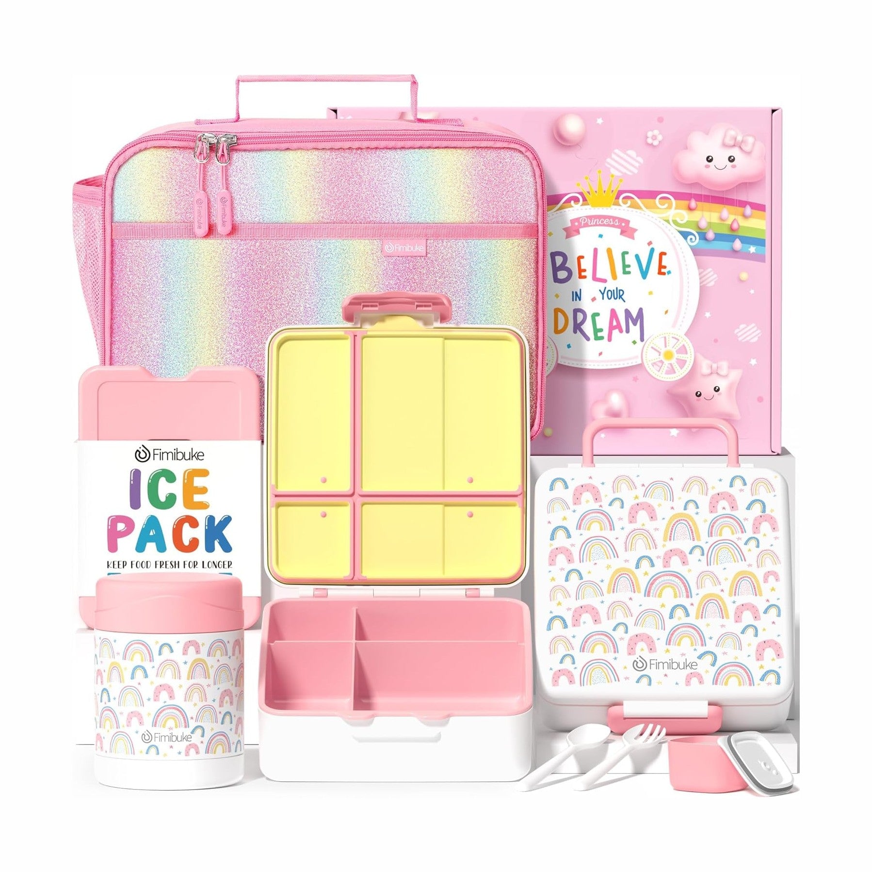 Fimibuke Kids 4-Compartment Bento Lunch Set with 12oz Thermos - Green Dinosaur