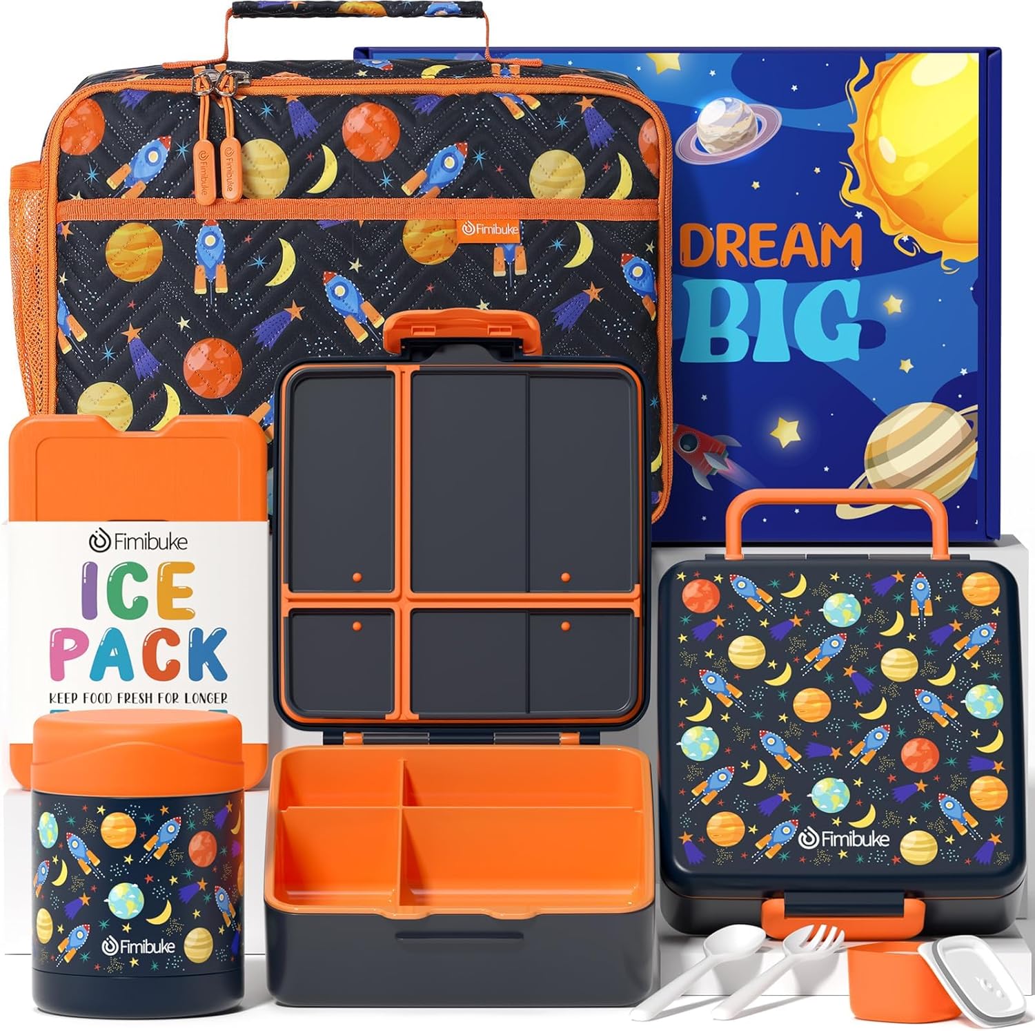 Fimibuke Kids Bento Lunch Box 4-Compartment with Insulated Bag, Vacuum Thermos & Utensils Set