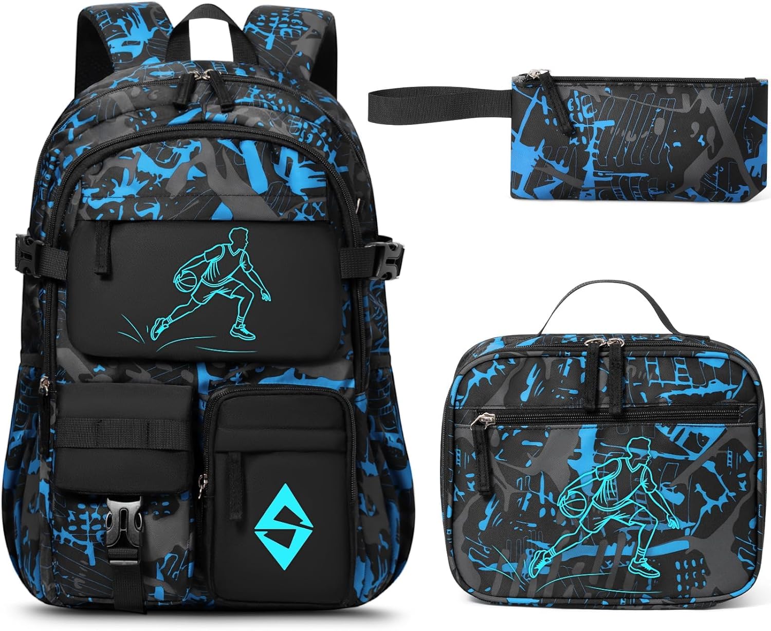 Fimibuke Boys 3PCS Glow-in-the-Dark Backpack Set with Lunch Box & Pencil Pouch
