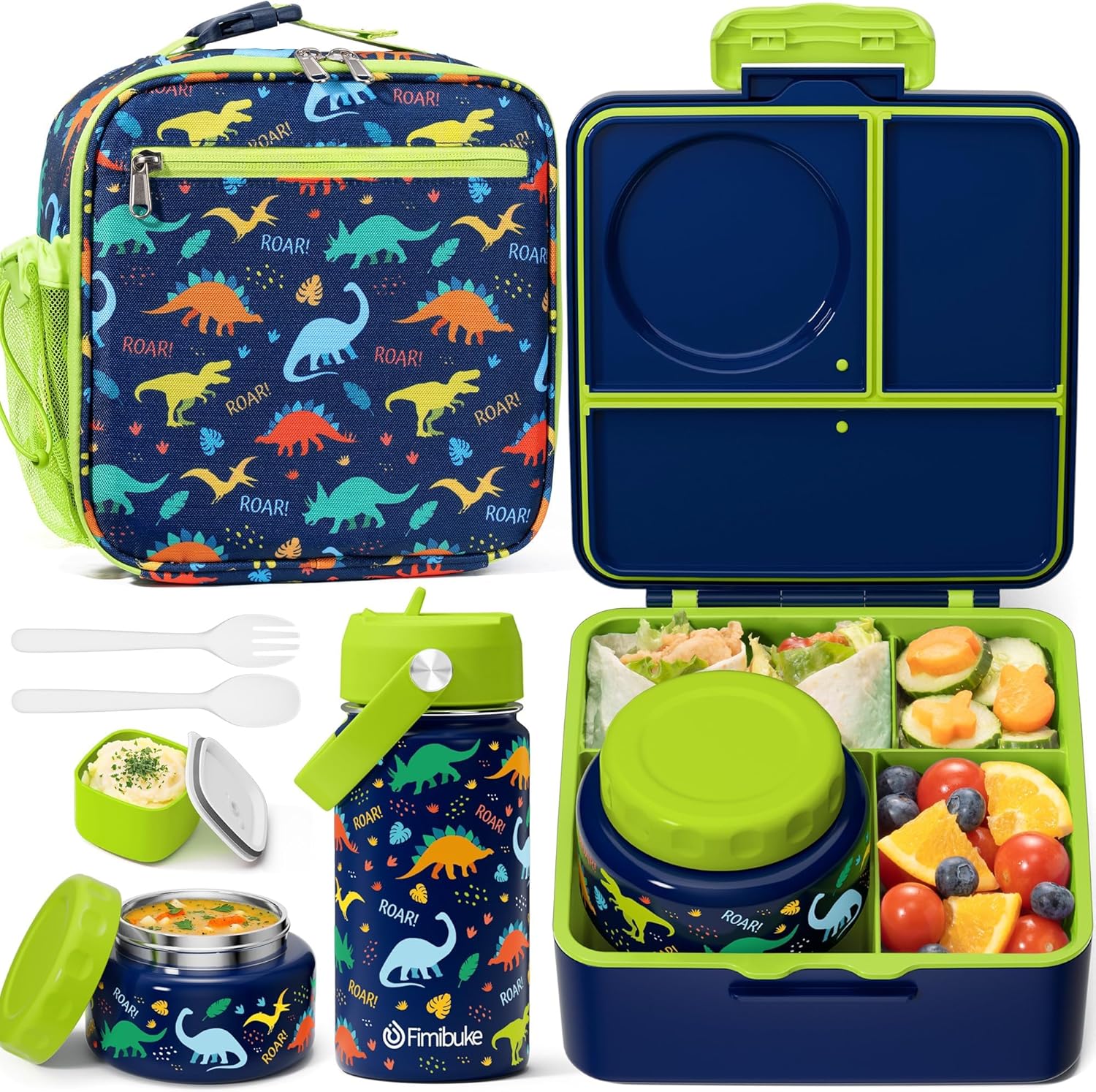 Fimibuke Kids Bento Lunch Box with 8.5oz Insulated Thermos, Leak-Proof Lunch Bag & Water Bottle, 3-4 Compartments