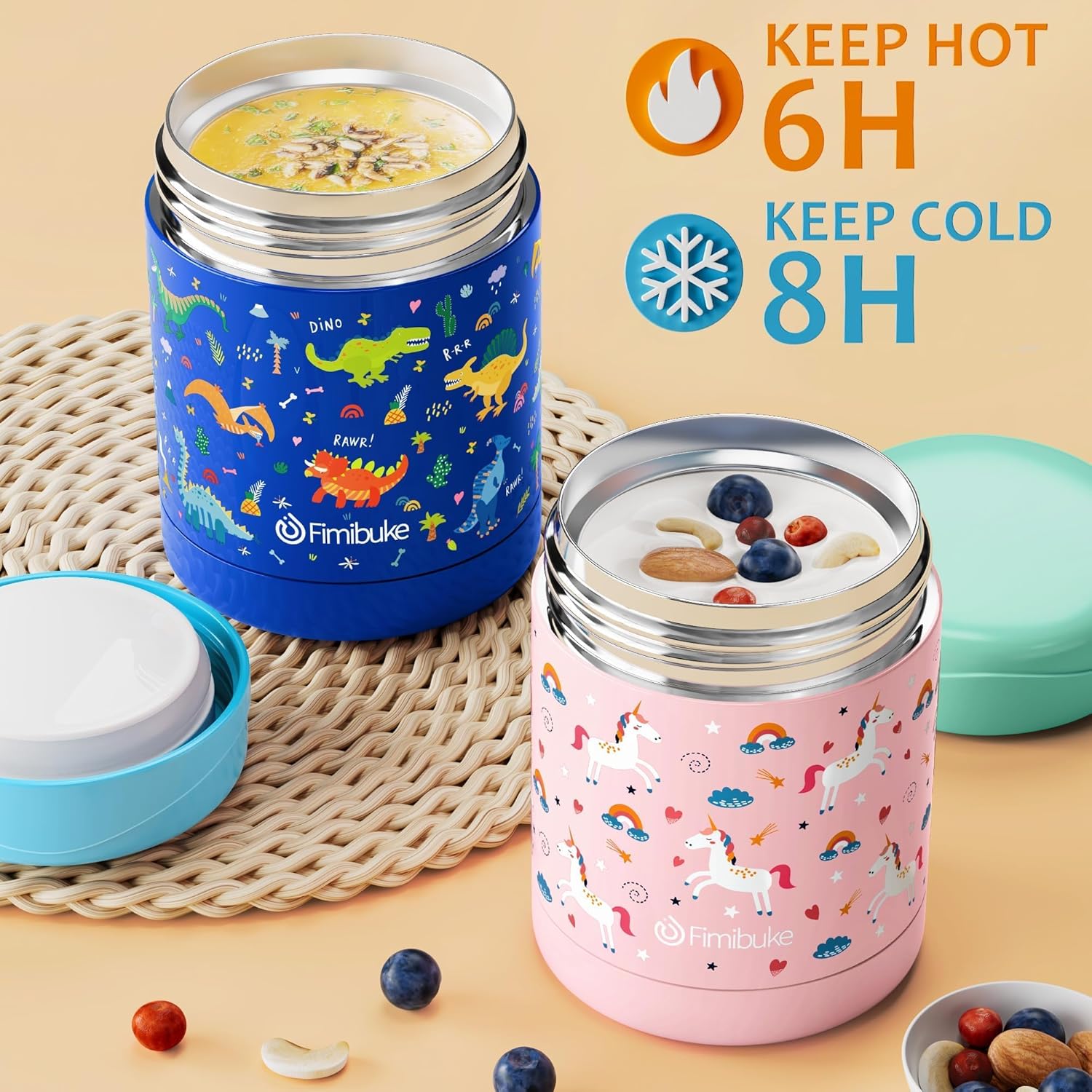 Fimibuke 12oz Insulated Kids Food Jar, Leak-Proof Stainless Steel Thermos for Hot/Cold Meals