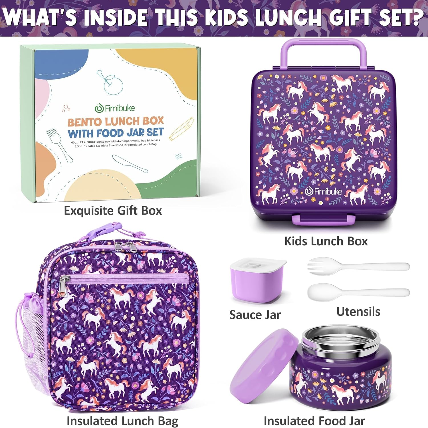 Fimibuke Kids Bento Lunch Box with 8.5oz Insulated Thermos, Leak-Proof Lunch Bag & Utensils, 3-4 Compartments