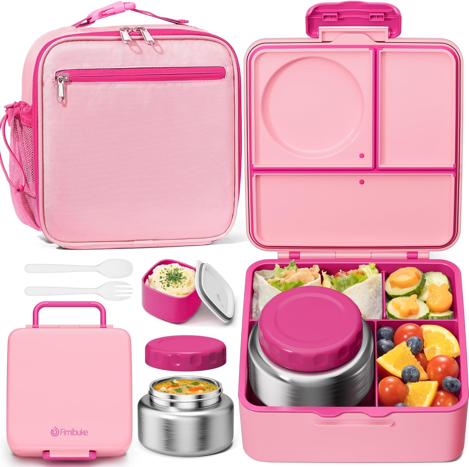 Fimibuke Kids Bento Lunch Box with 8.5oz Insulated Thermos, Leak-Proof Lunch Bag & Utensils, 3-4 Compartments