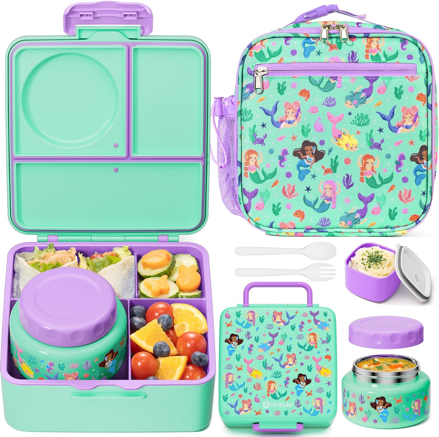 Fimibuke Bento Lunch Box Set for Kids & Adults with 8oz Thermos, Insulated Bag & Sauce Cup, Leak-Proof 3-4 Compartment Container