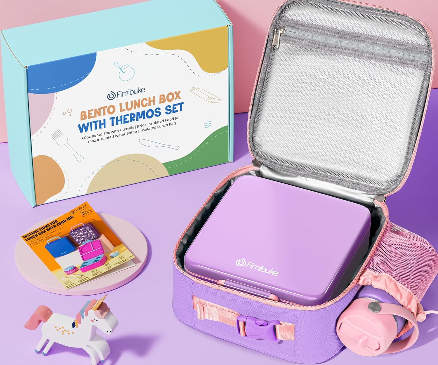 Fimibuke Bento Box Set for Kids & Adults, Leak-Proof 3-4 Compartments with Insulated Thermos, Water Bottle & Lunch Bag
