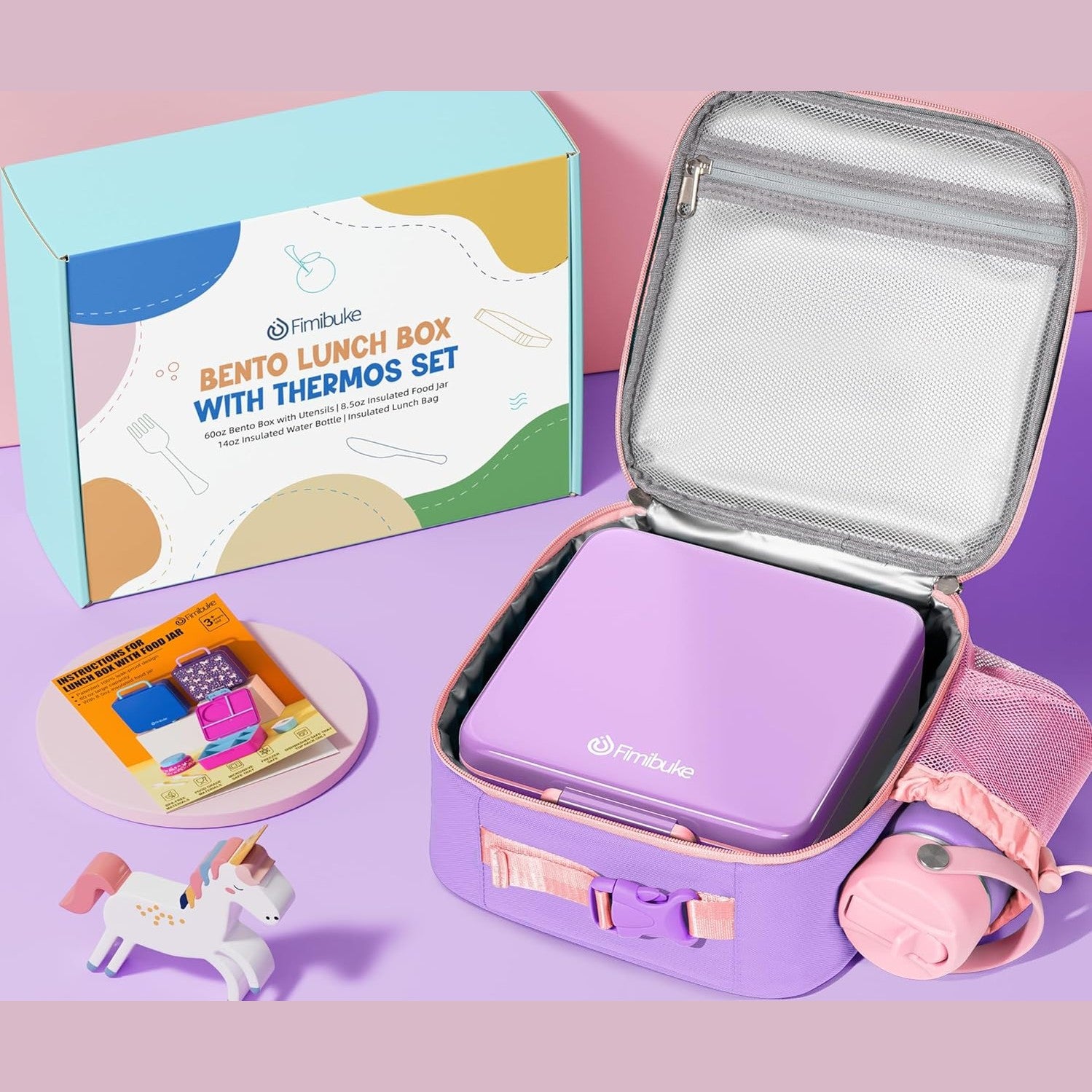 Fimibuke Complete Bento Lunch Set with Thermos, Bottle & Bag - Purple & Pink