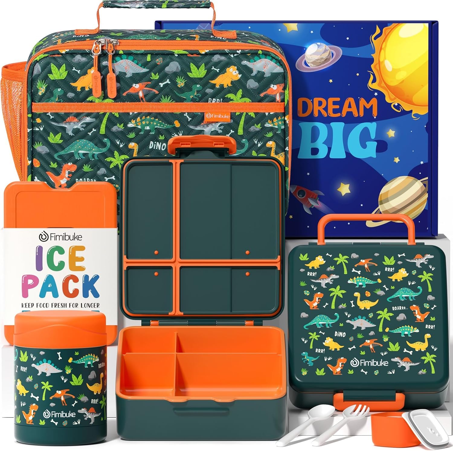 Fimibuke Kids Bento Lunch Box 4-Compartment with Insulated Bag, Vacuum Thermos & Utensils Set