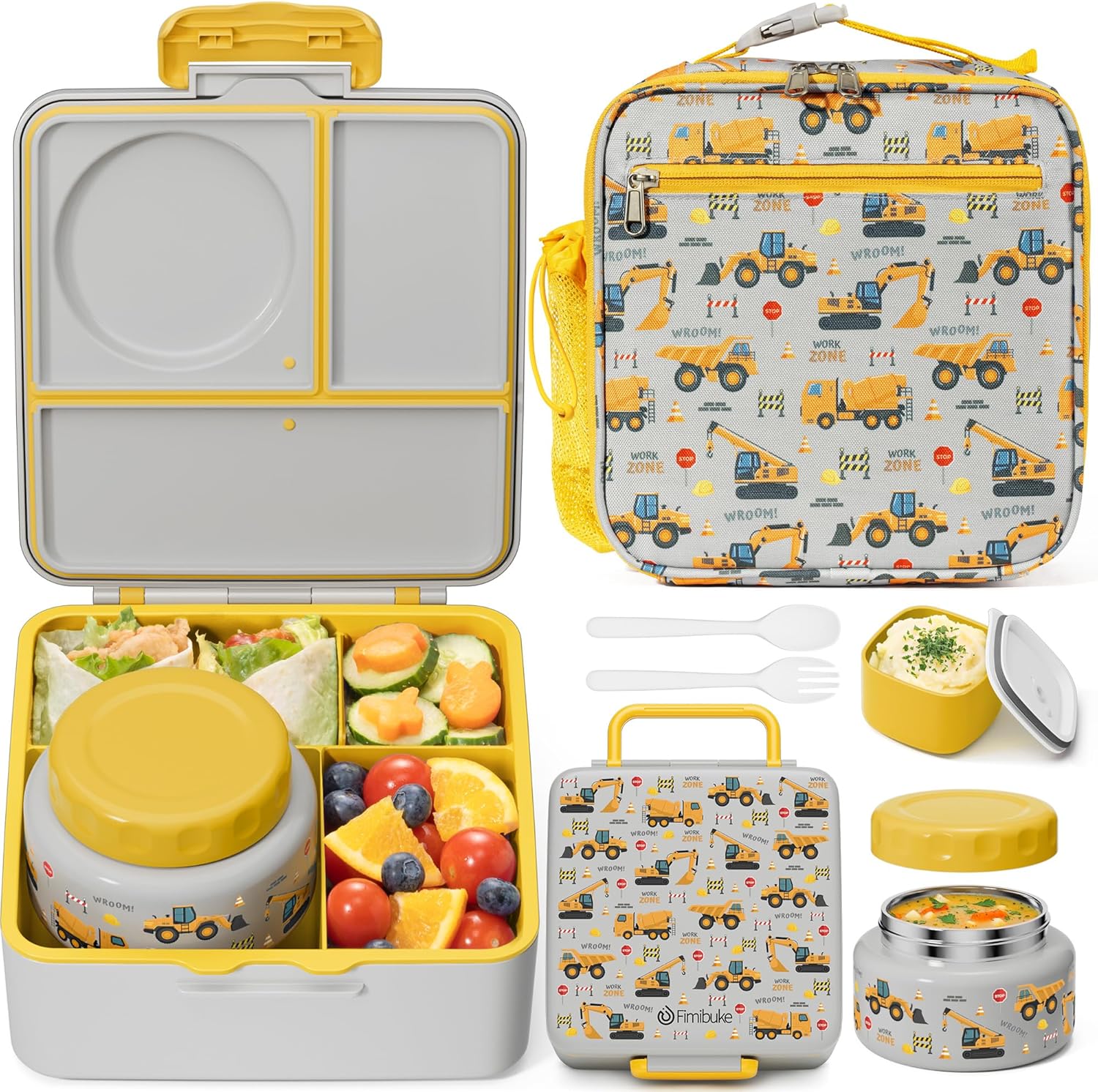 Fimibuke Bento Lunch Box Set for Kids & Adults with 8oz Thermos, Insulated Bag & Sauce Cup, Leak-Proof 3-4 Compartment Container
