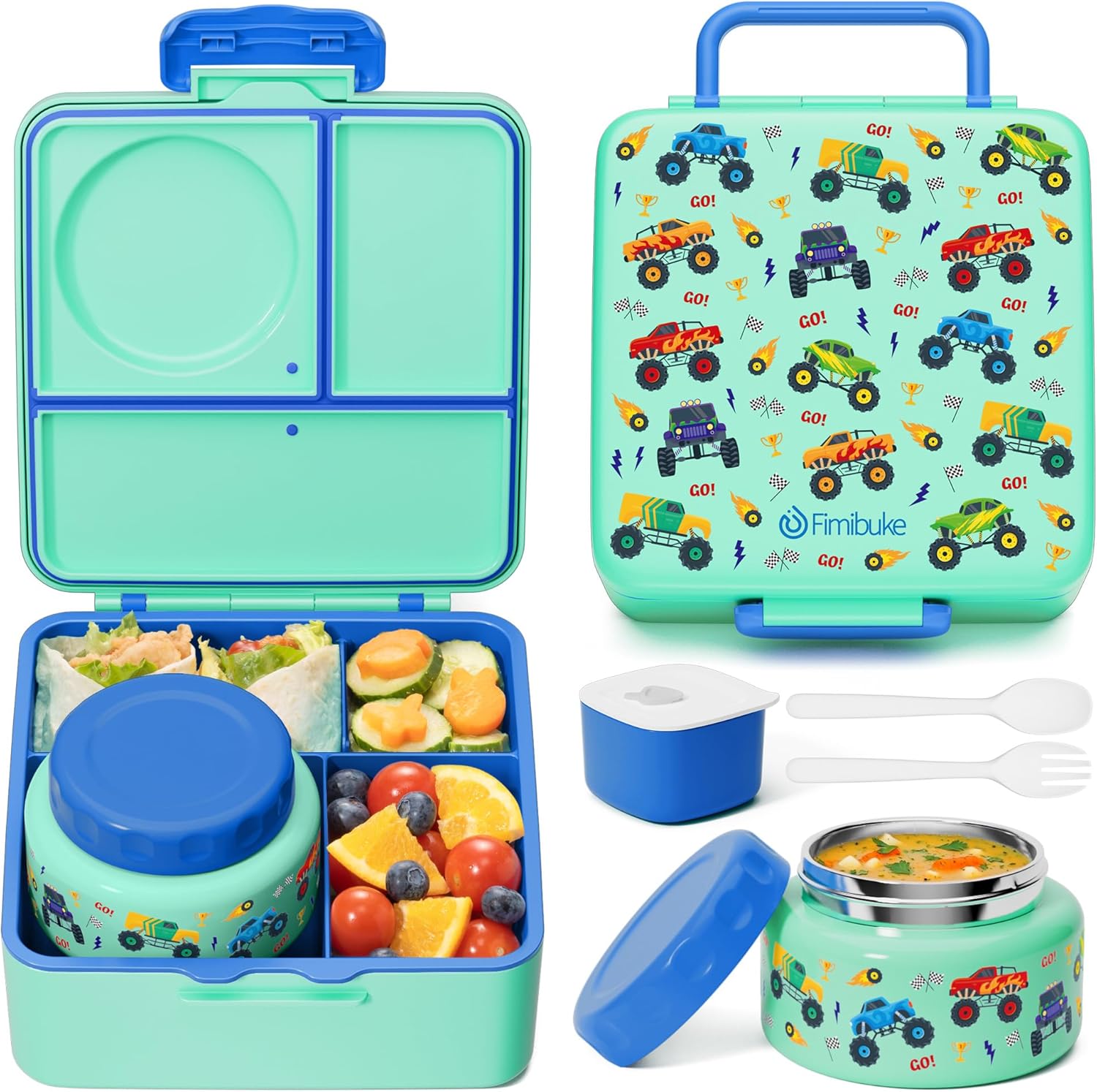 Fimibuke Bento Box for Kids & Adults, Leak-Proof with 8.5oz Insulated Thermos, Utensils & Sauce Jar, 3-4 Compartments