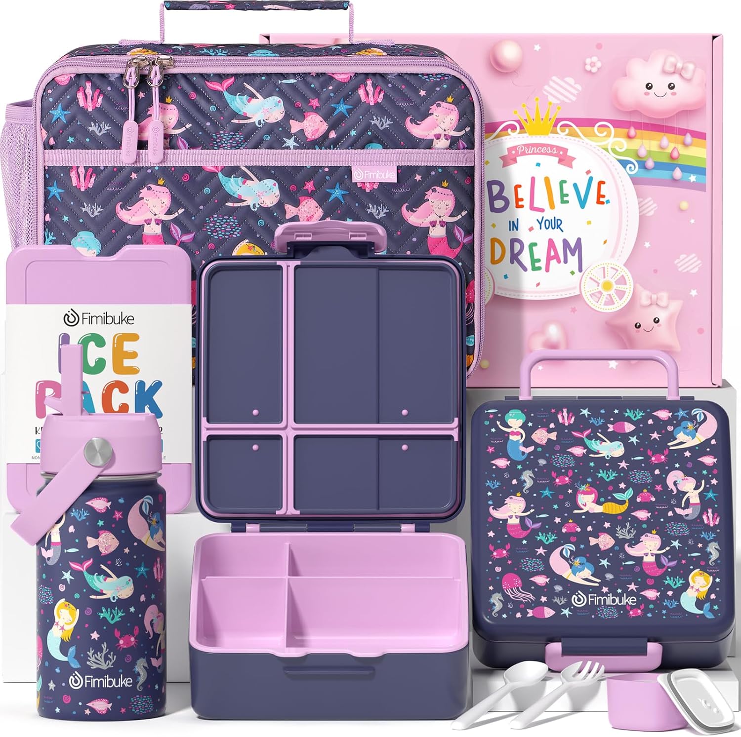 Fimibuke Kids Bento Lunch Box 4 Compartments with Insulated Bag, Stainless Steel Water Bottle, Ice Pack & Utensils Set
