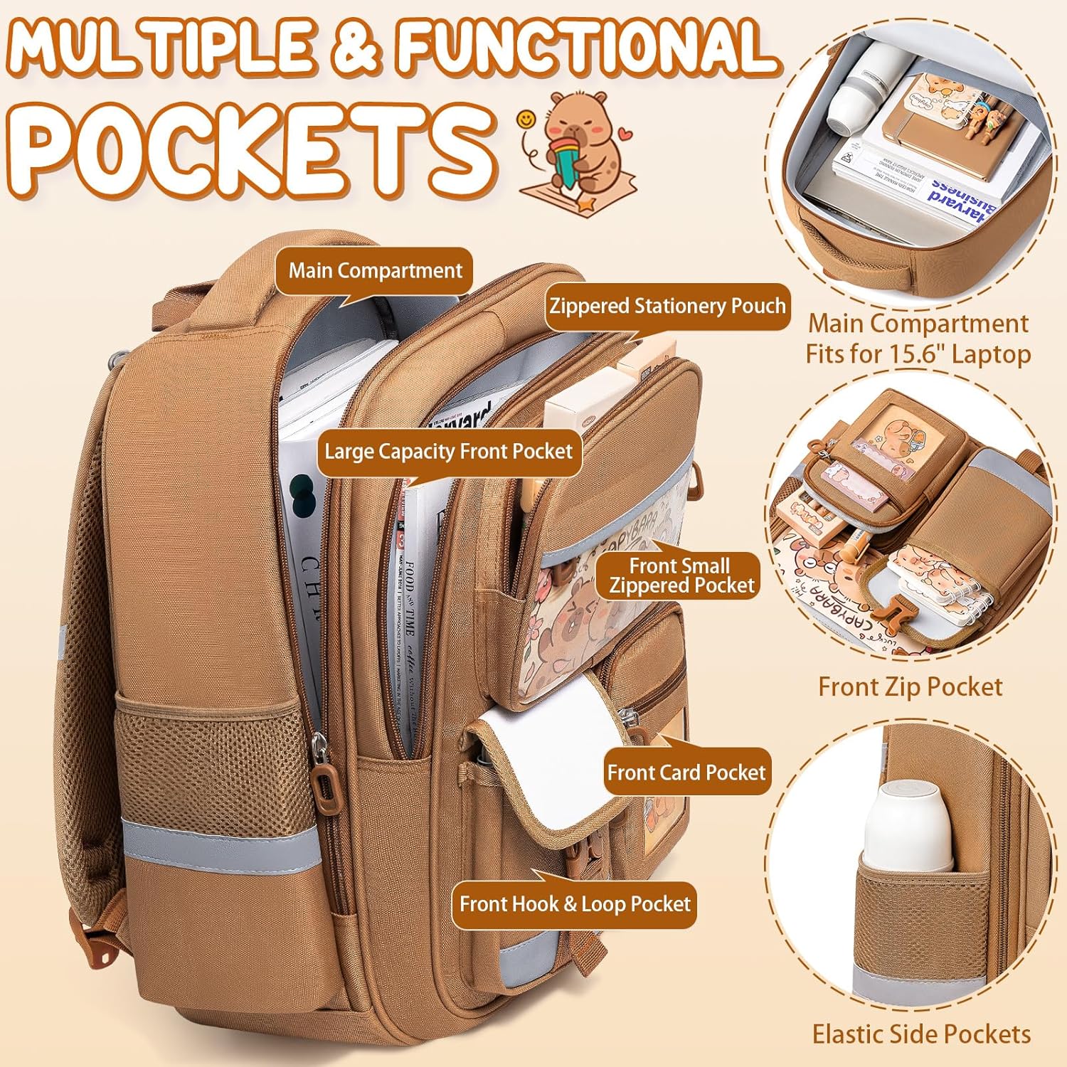 Fimibuke Kids School Backpack & 28PCS Capybara Stationery Set with Pencil Case