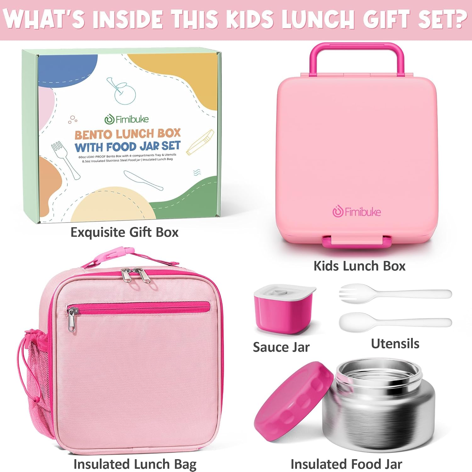 Fimibuke 60oz Kids Bento Lunch Box Set with 8.5oz Thermos & Bag - Dinosaur