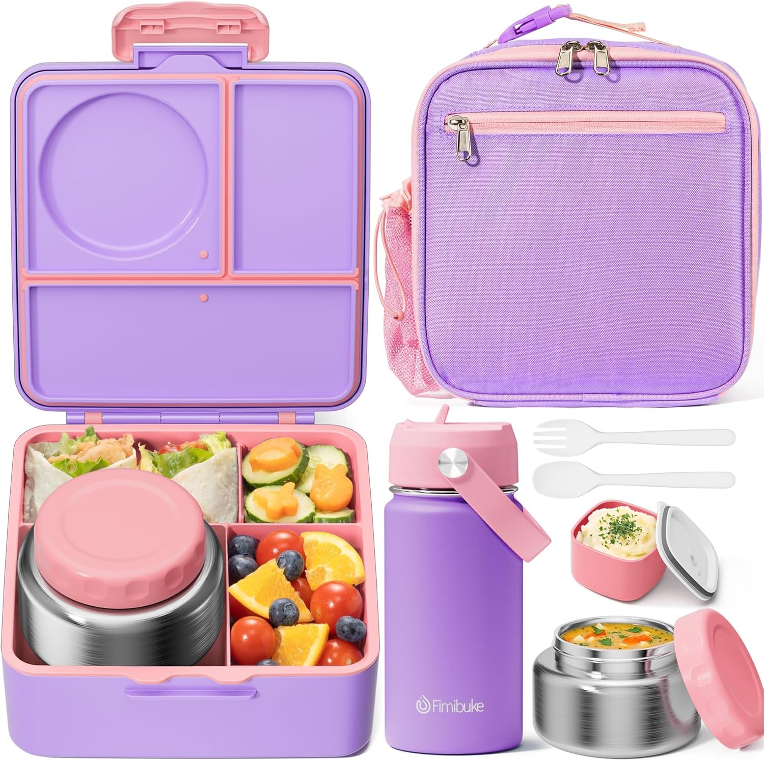 Fimibuke Bento Box Set for Kids & Adults, Leak-Proof 3-4 Compartments with Insulated Thermos, Water Bottle & Lunch Bag