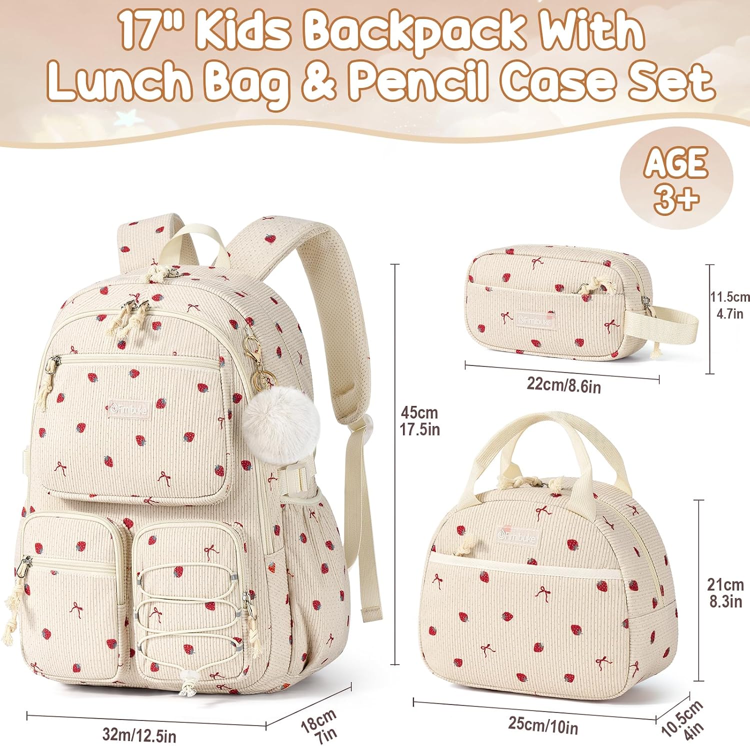 Fimibuke Girls Corduroy 3-Piece Backpack Set with Lunch Bag & Pencil Pouch