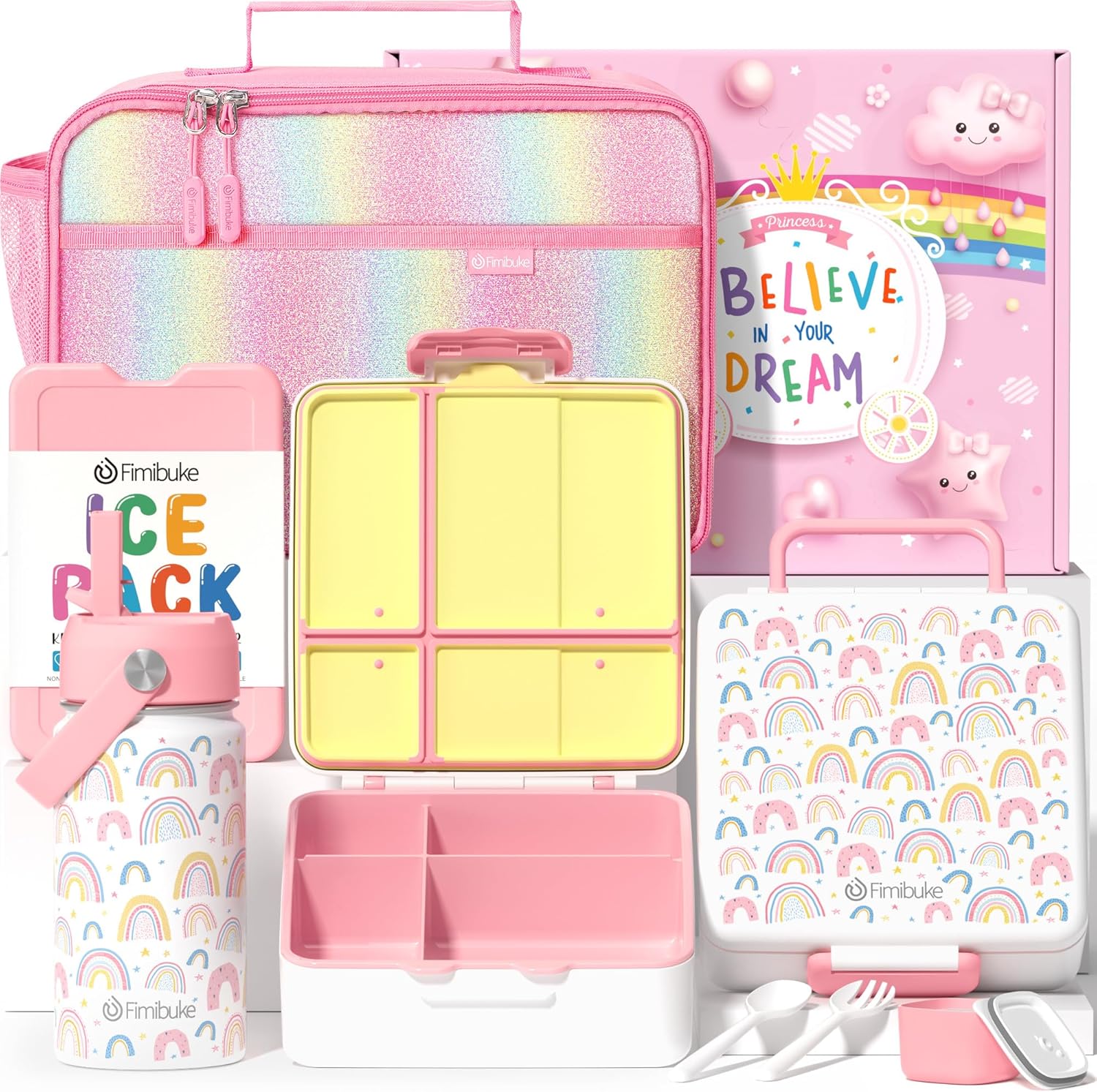 Fimibuke Kids Bento Lunch Box 4 Compartments with Insulated Bag, Stainless Steel Water Bottle, Ice Pack & Utensils Set