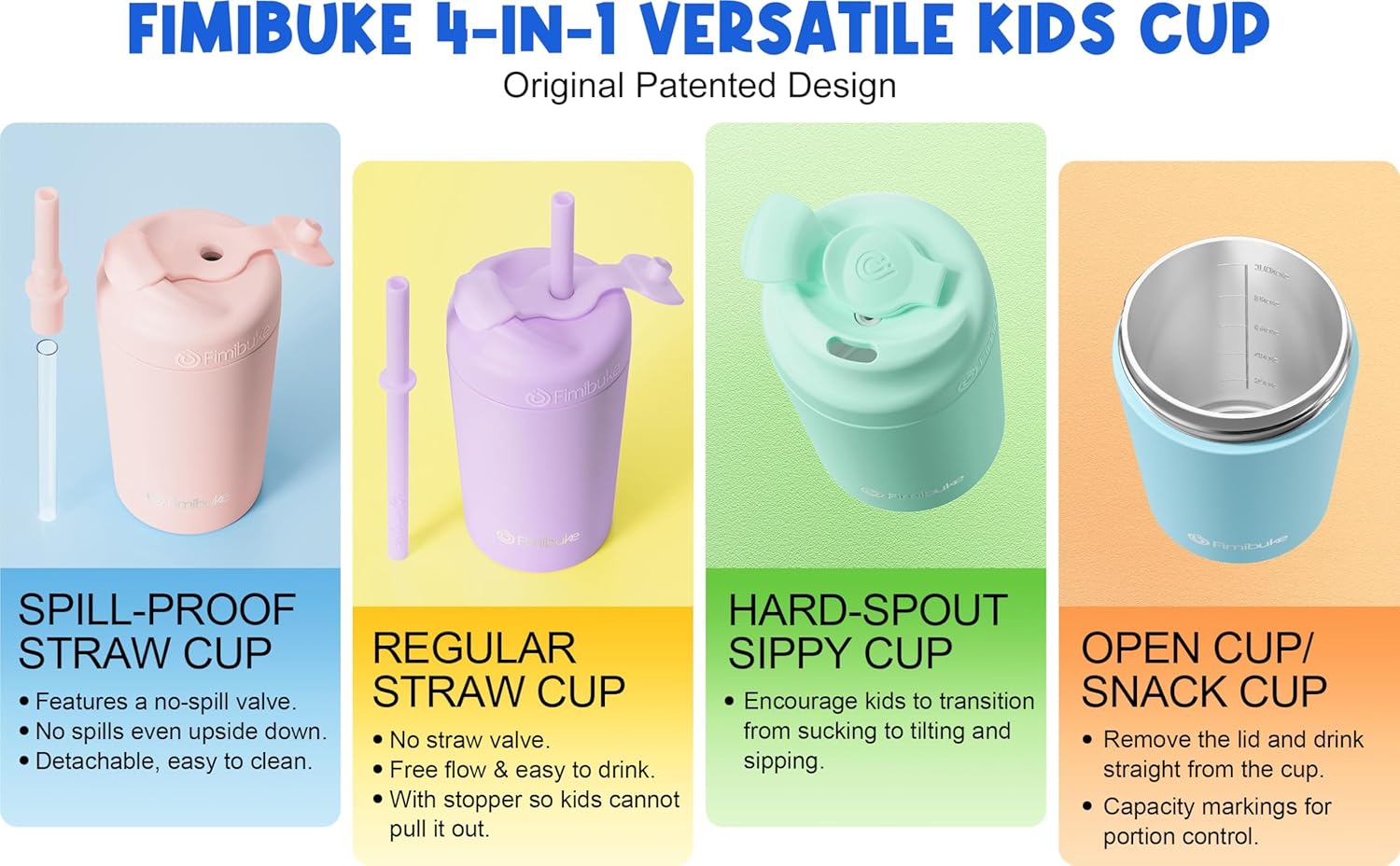 Fimibuke Kids & Toddler 10oz Spill-Proof Stainless Steel Cups with Straw