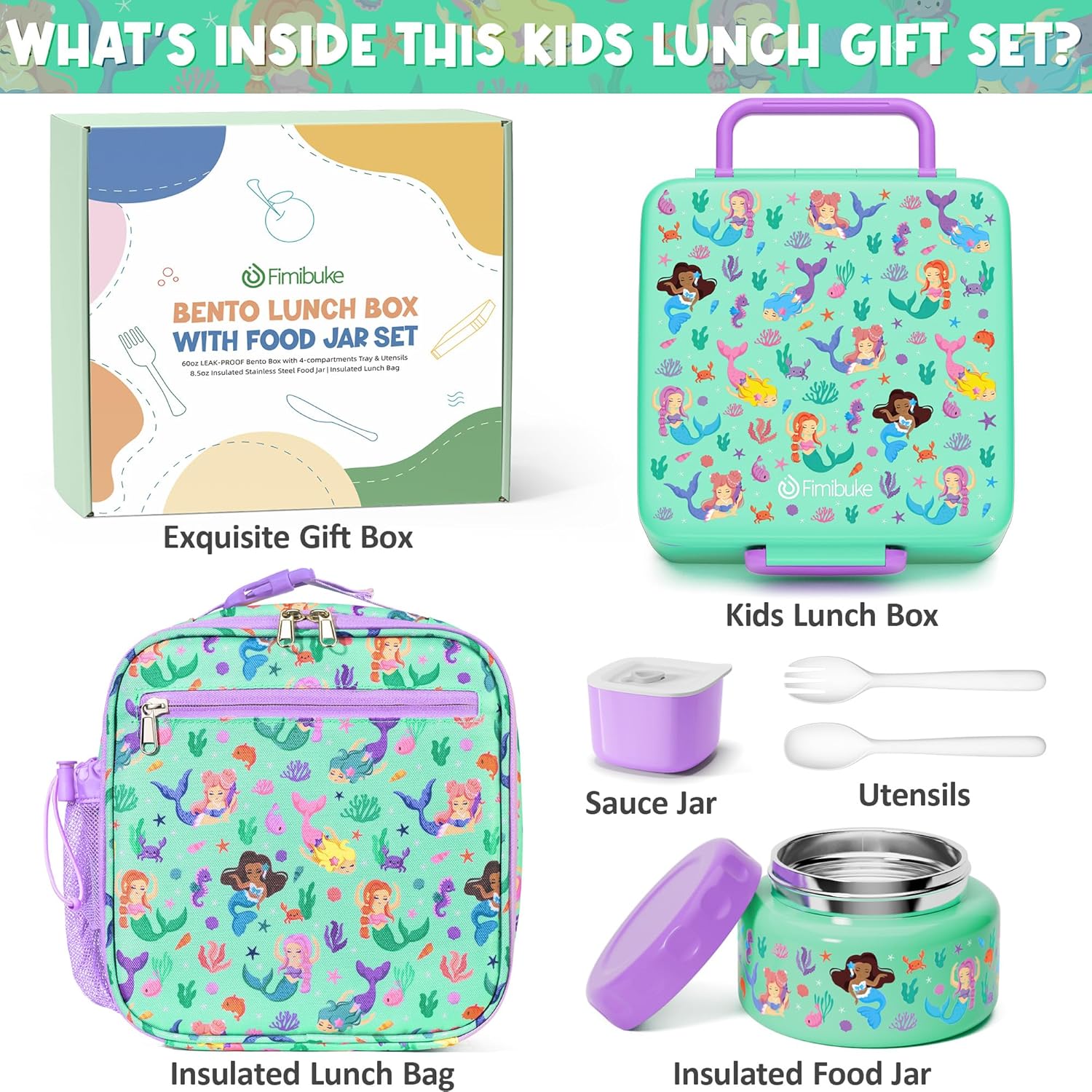 Fimibuke Bento Lunch Box Set for Kids & Adults with 8oz Thermos, Insulated Bag & Sauce Cup, Leak-Proof 3-4 Compartment Container