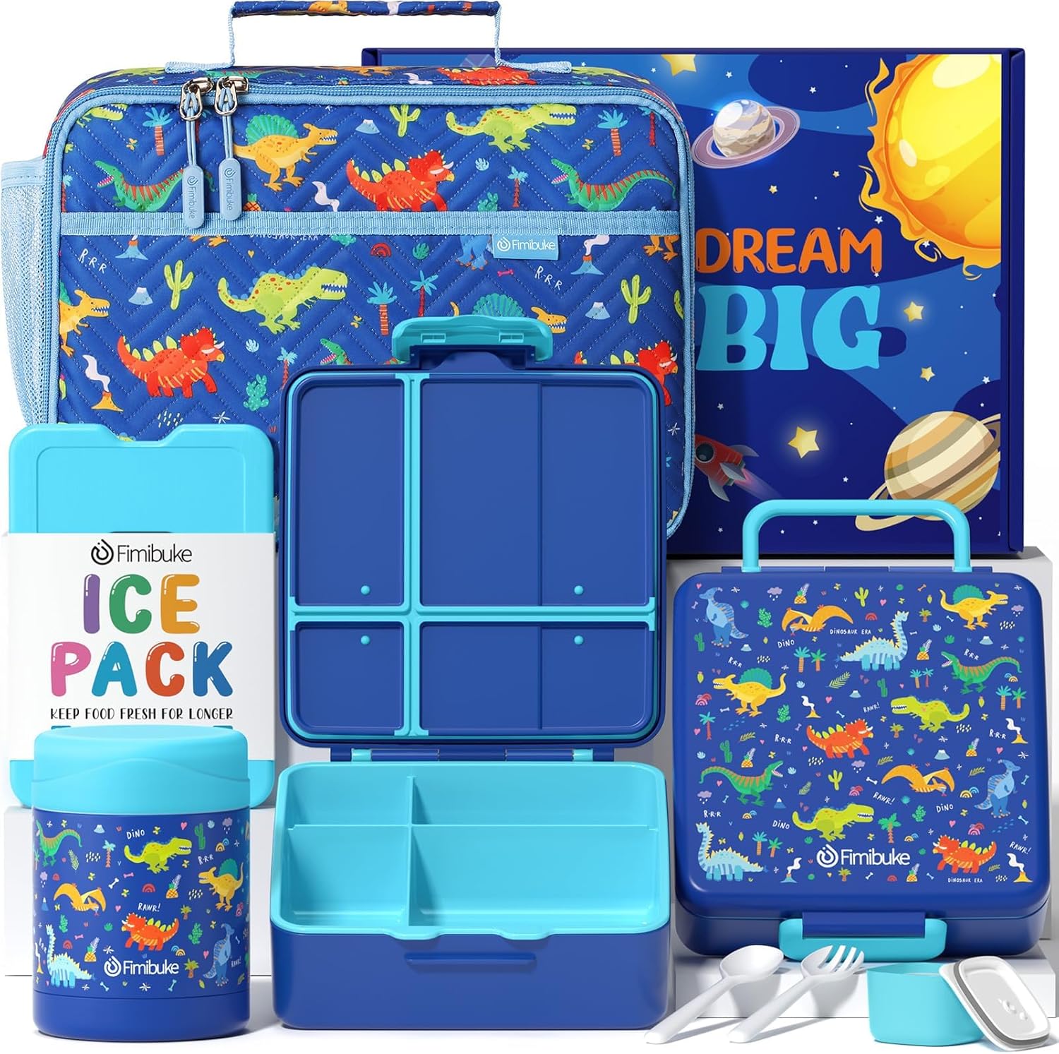 Fimibuke Kids Bento Lunch Box 4-Compartment with Insulated Bag, Vacuum Thermos & Utensils Set