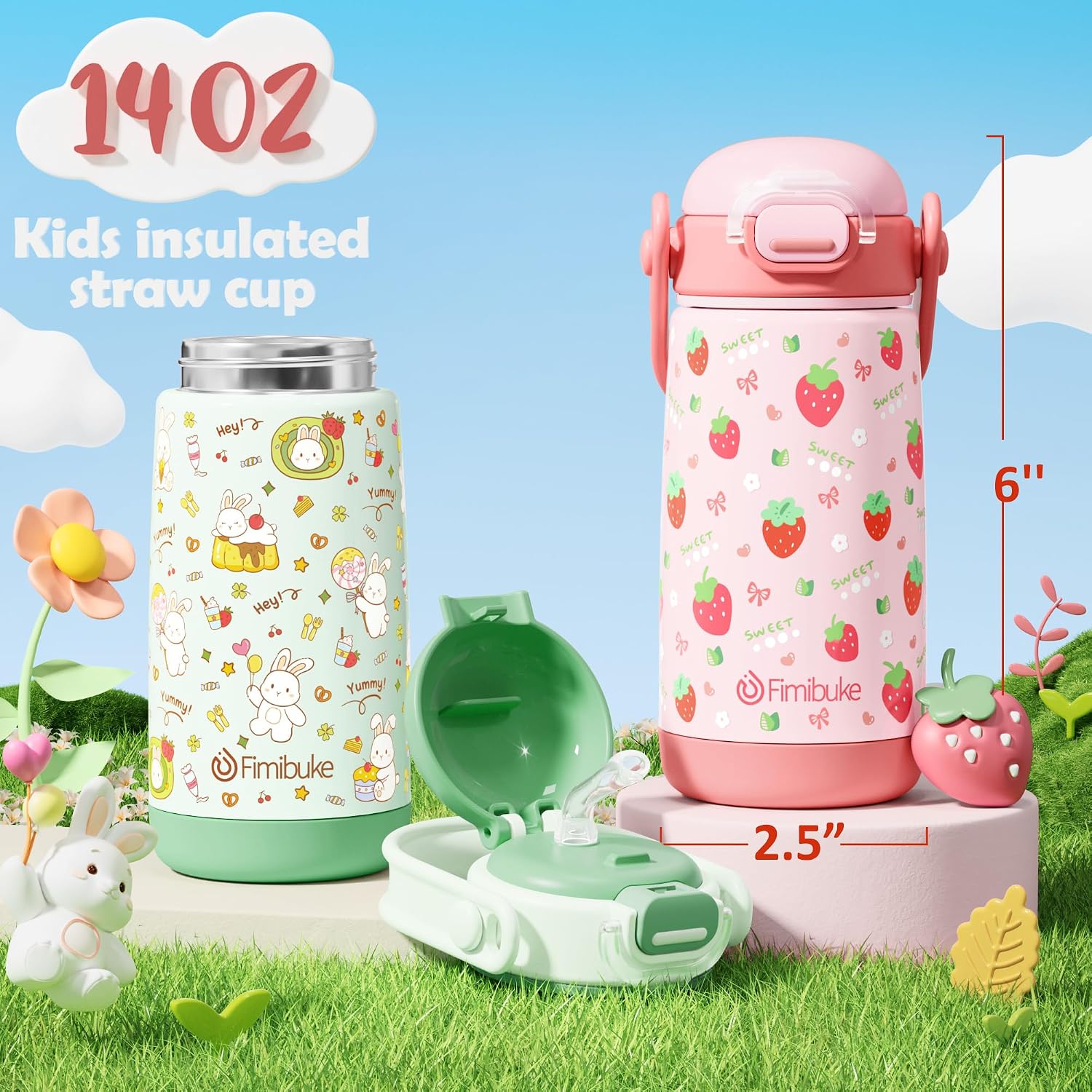 Fimibuke 14oz Insulated Stainless Steel Kids Water Bottle