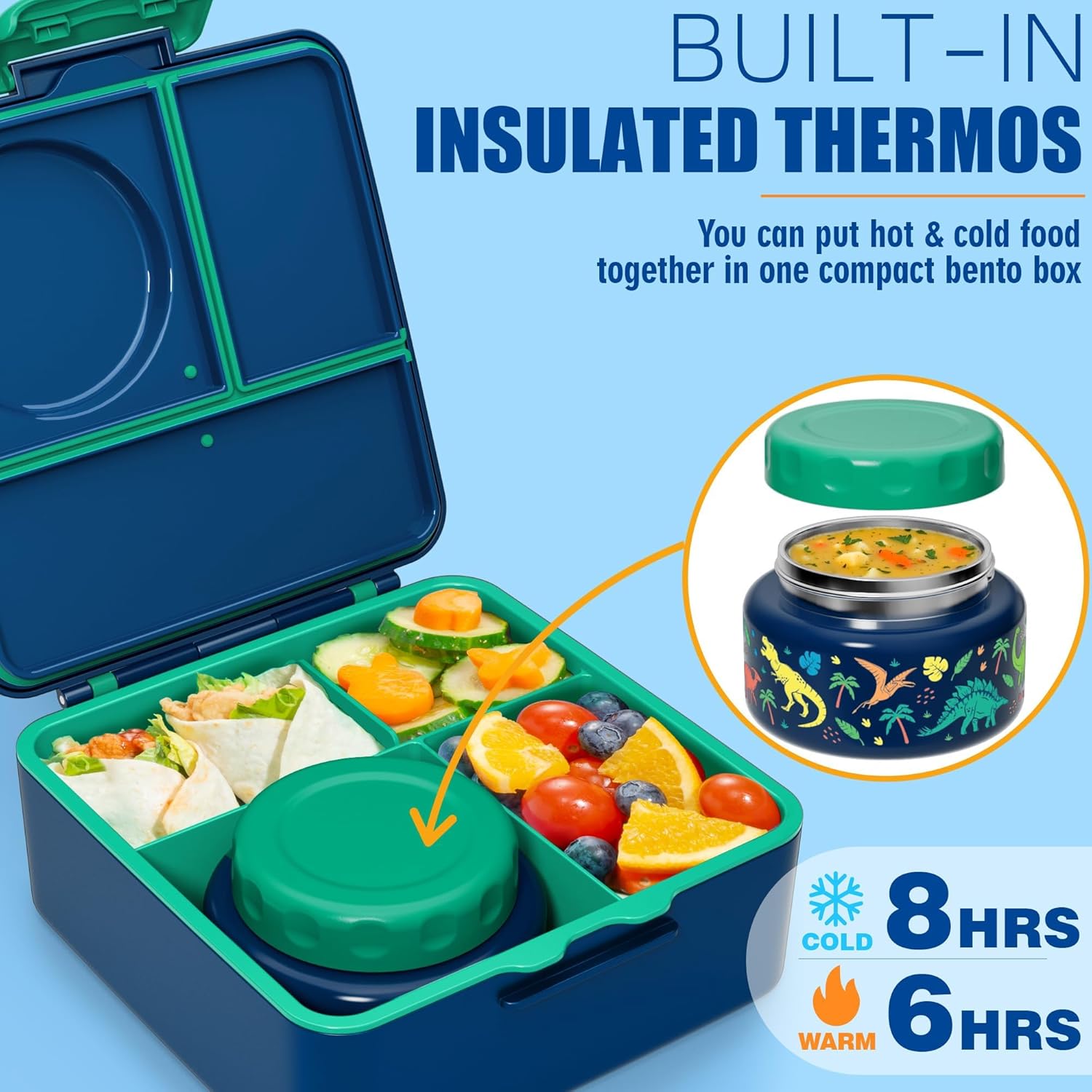 Fimibuke Bento Box for Kids & Adults, Leak-Proof with 8.5oz Insulated Thermos, Utensils & Sauce Jar, 3-4 Compartments