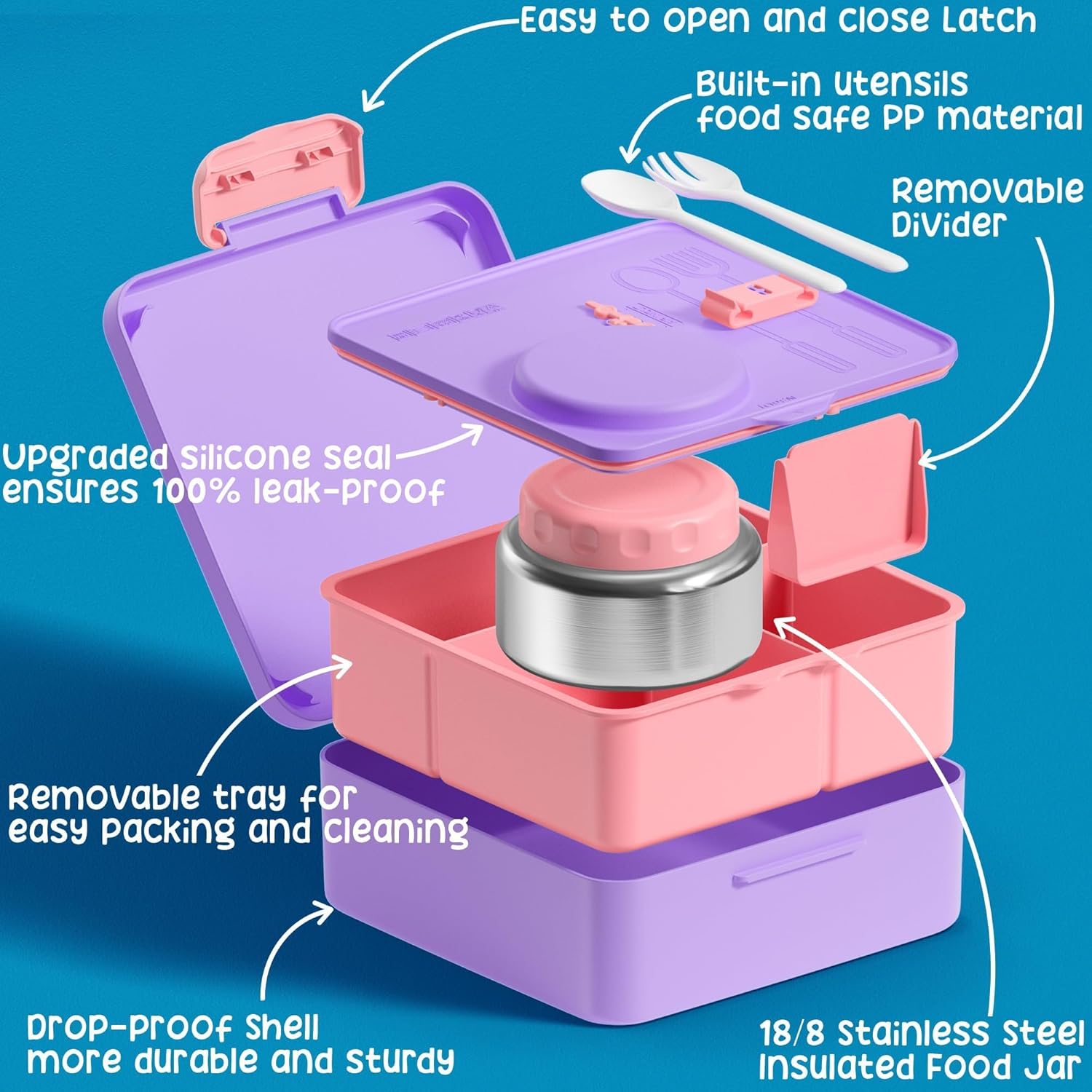 Fimibuke Bento Box Set for Kids & Adults, Leak-Proof 3-4 Compartments with Insulated Thermos, Water Bottle & Lunch Bag
