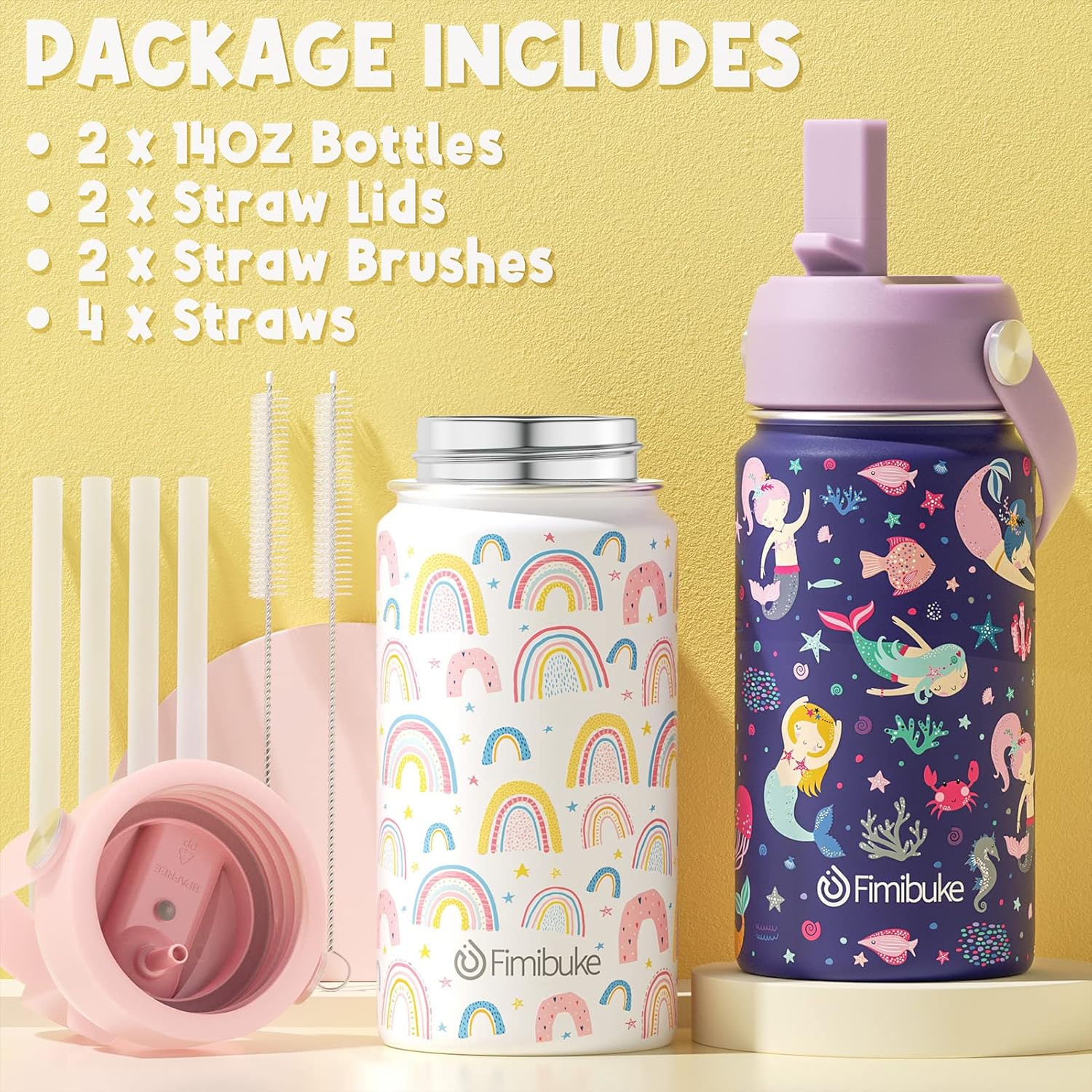 Fimibuke Kids 14oz Insulated Water Bottle, Stainless Steel Leak-Proof Cups with Straw