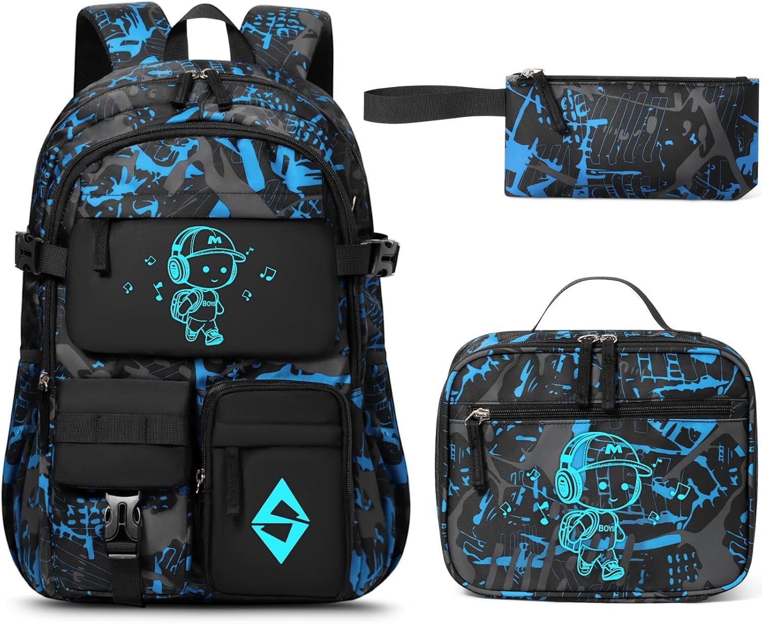Fimibuke Boys 3PCS Glow-in-the-Dark Backpack Set with Lunch Box & Pencil Pouch