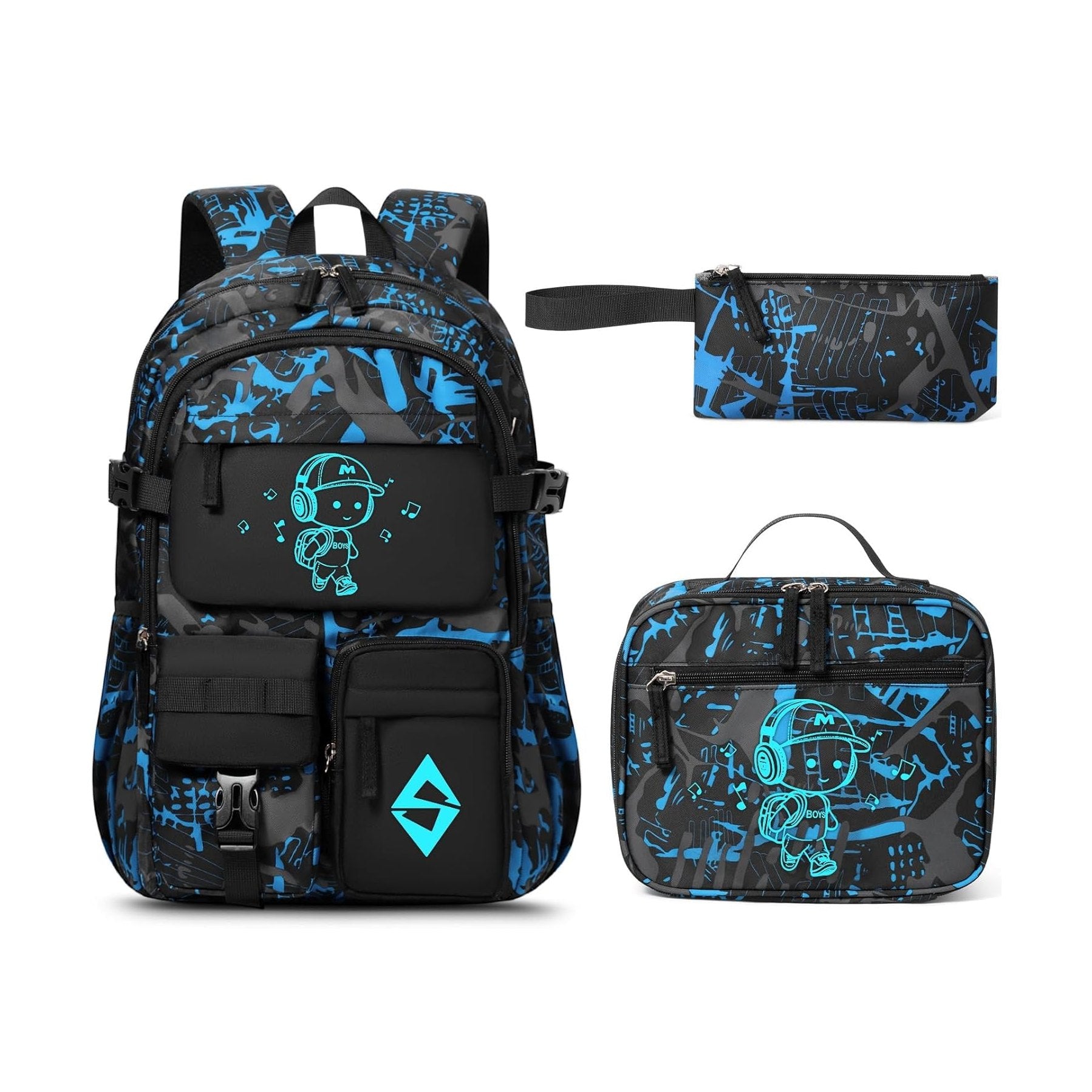 Fimibuke Boys Glow-in-the-Dark 3-Piece Backpack Set