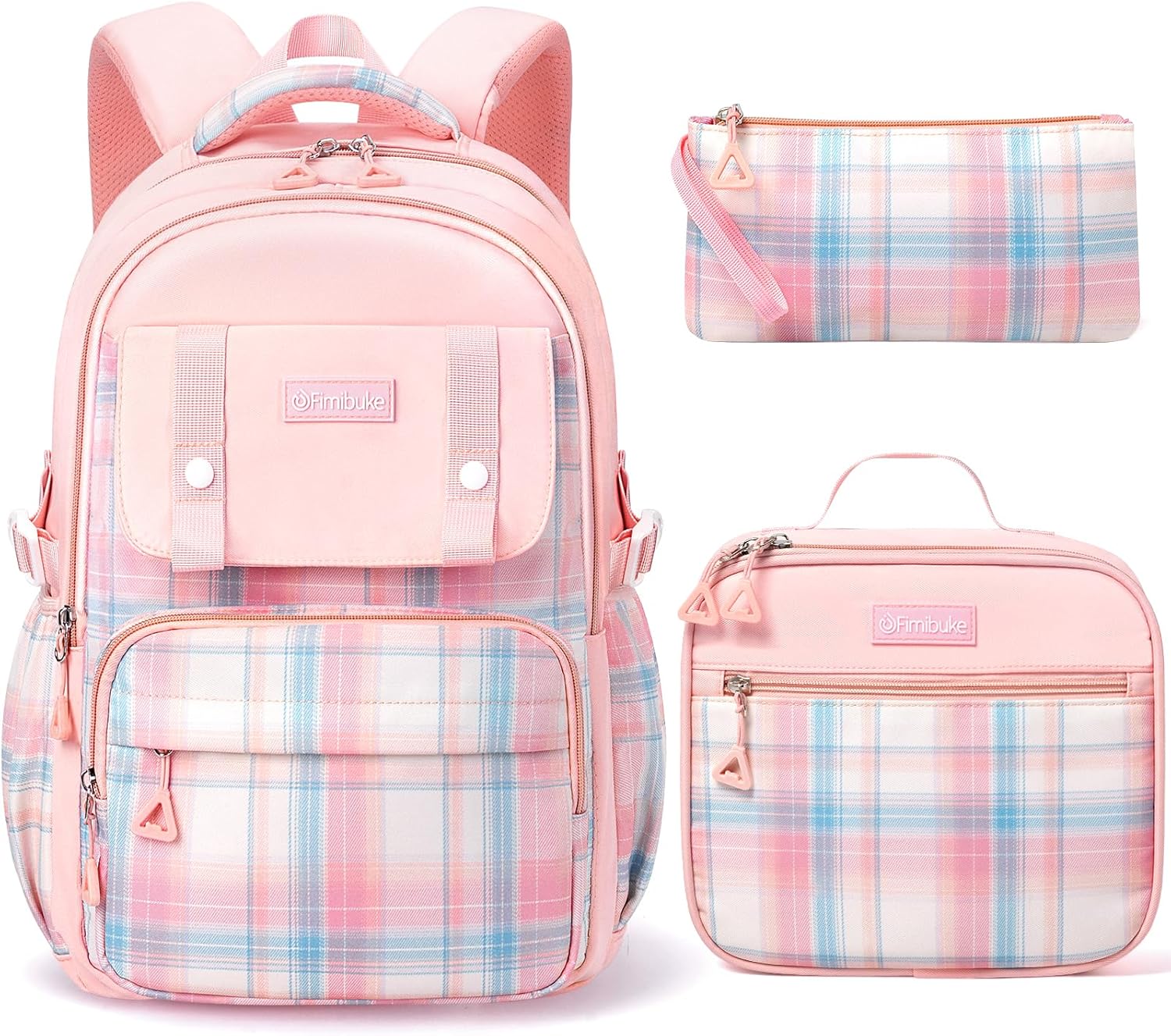 Fimibuke Girls 3PCS Waterproof Backpack Set with Lunch Box & Pencil Pouch, Black & Purple, Age 6+