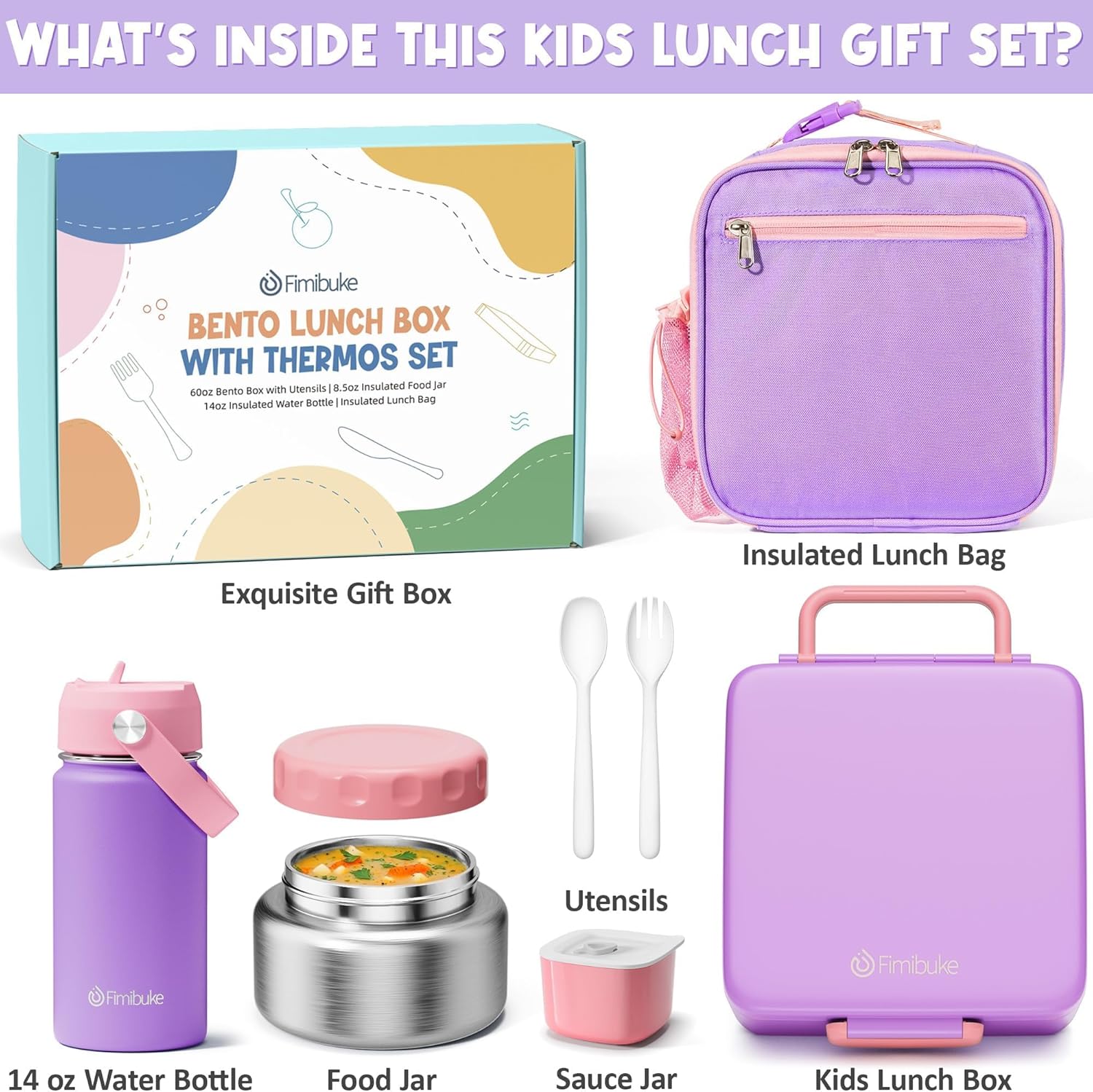 Fimibuke Bento Box Set for Kids & Adults, Leak-Proof 3-4 Compartments with Insulated Thermos, Water Bottle & Lunch Bag