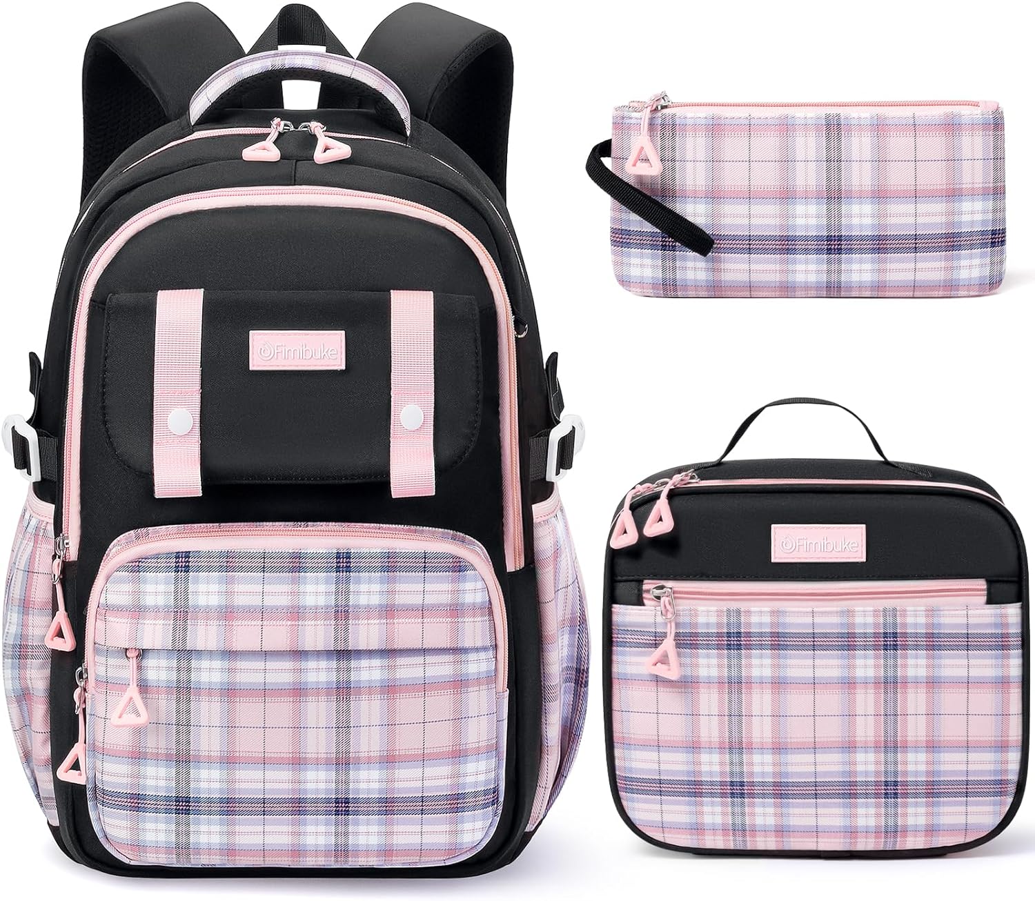 Fimibuke Girls 3PCS Waterproof Backpack Set with Lunch Box & Pencil Pouch, Black & Purple, Age 6+