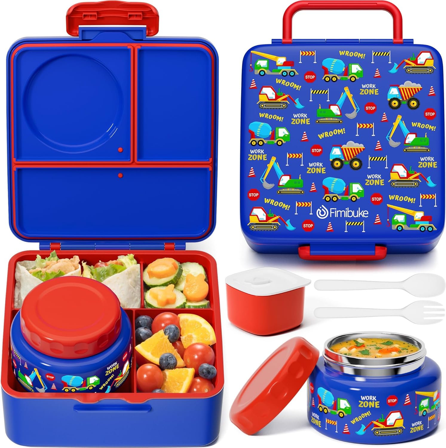 Fimibuke Bento Box for Kids & Adults, Leak-Proof with 8.5oz Insulated Thermos, Utensils & Sauce Jar, 3-4 Compartments