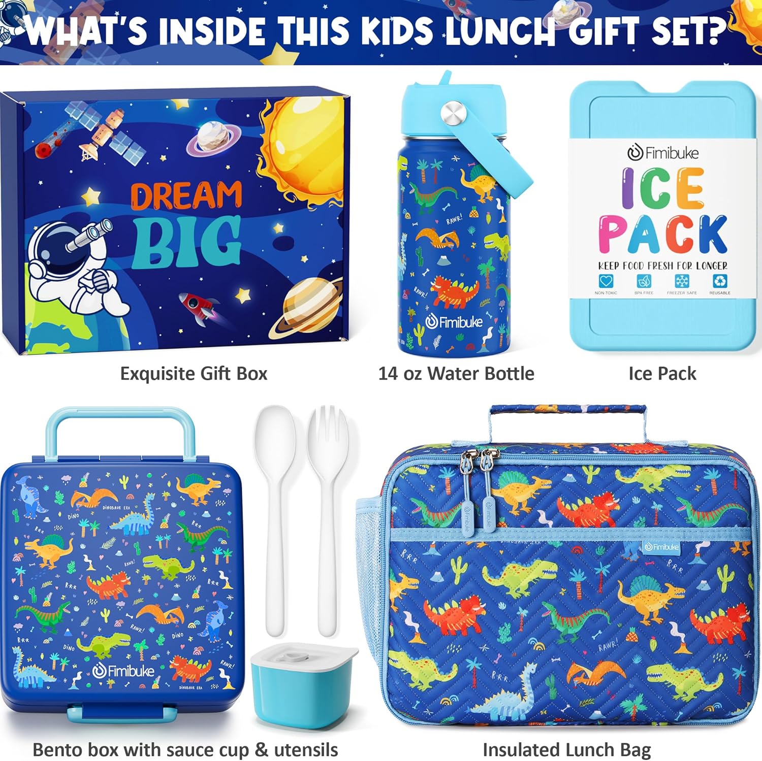 Fimibuke Kids Bento Lunch Box 4 Compartments with Insulated Bag, Stainless Steel Water Bottle, Ice Pack & Utensils Set