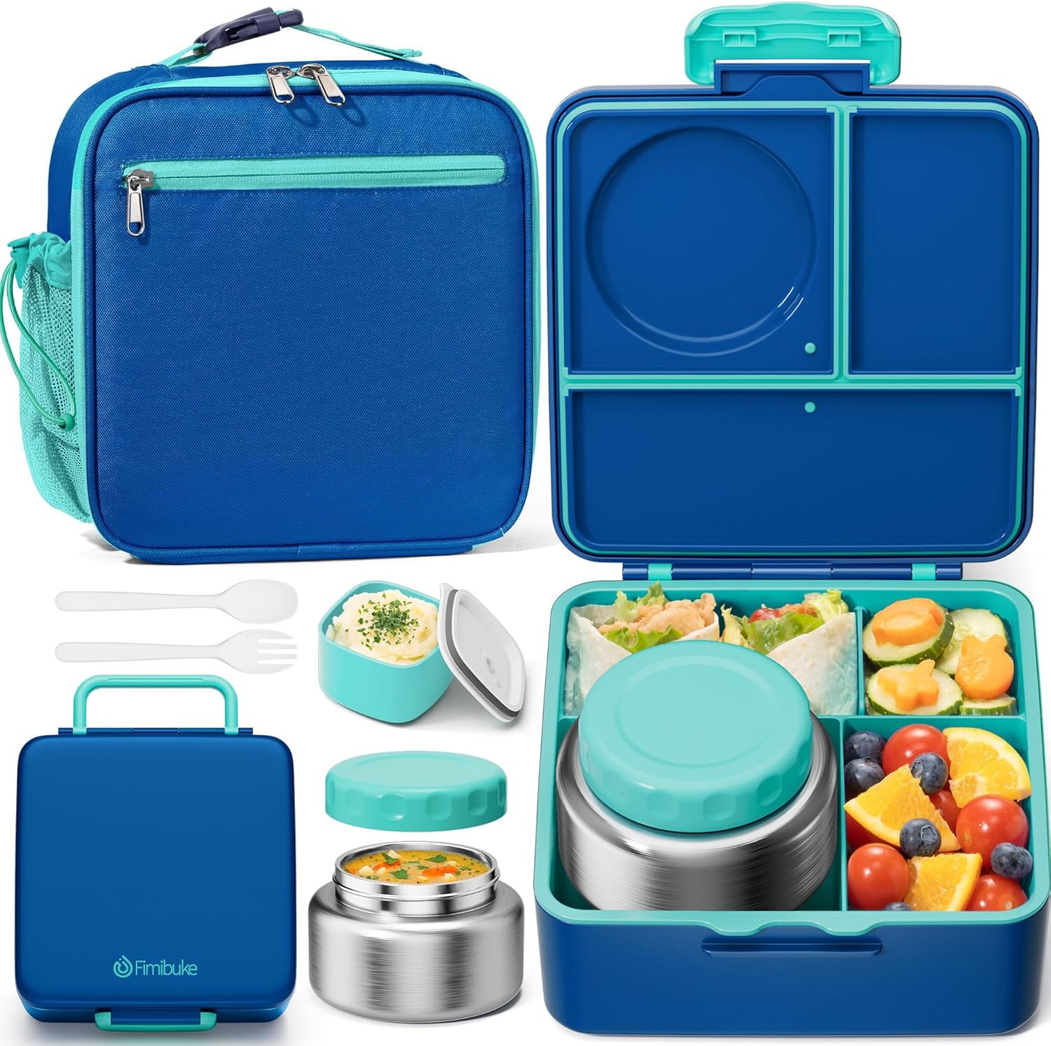 Fimibuke Kids Bento Lunch Box with 8.5oz Insulated Thermos, Leak-Proof Lunch Bag & Utensils, 3-4 Compartments