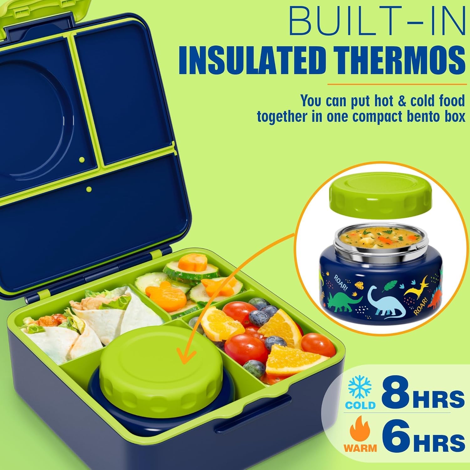 Fimibuke Kids Bento Lunch Box with 8.5oz Insulated Thermos, Leak-Proof Lunch Bag & Utensils, 3-4 Compartments