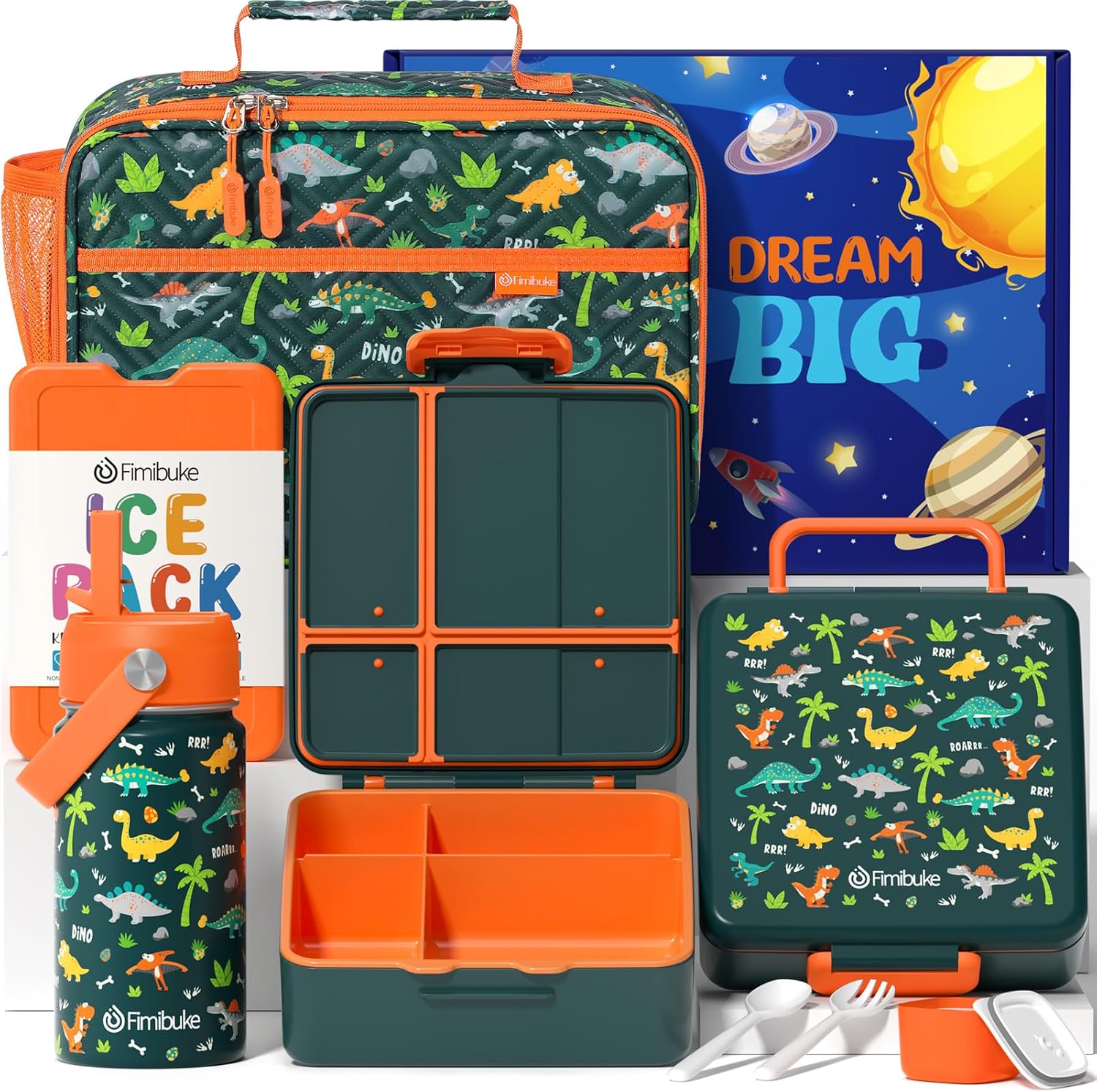 Fimibuke Kids Bento Lunch Box 4 Compartments with Insulated Bag, Stainless Steel Water Bottle, Ice Pack & Utensils Set