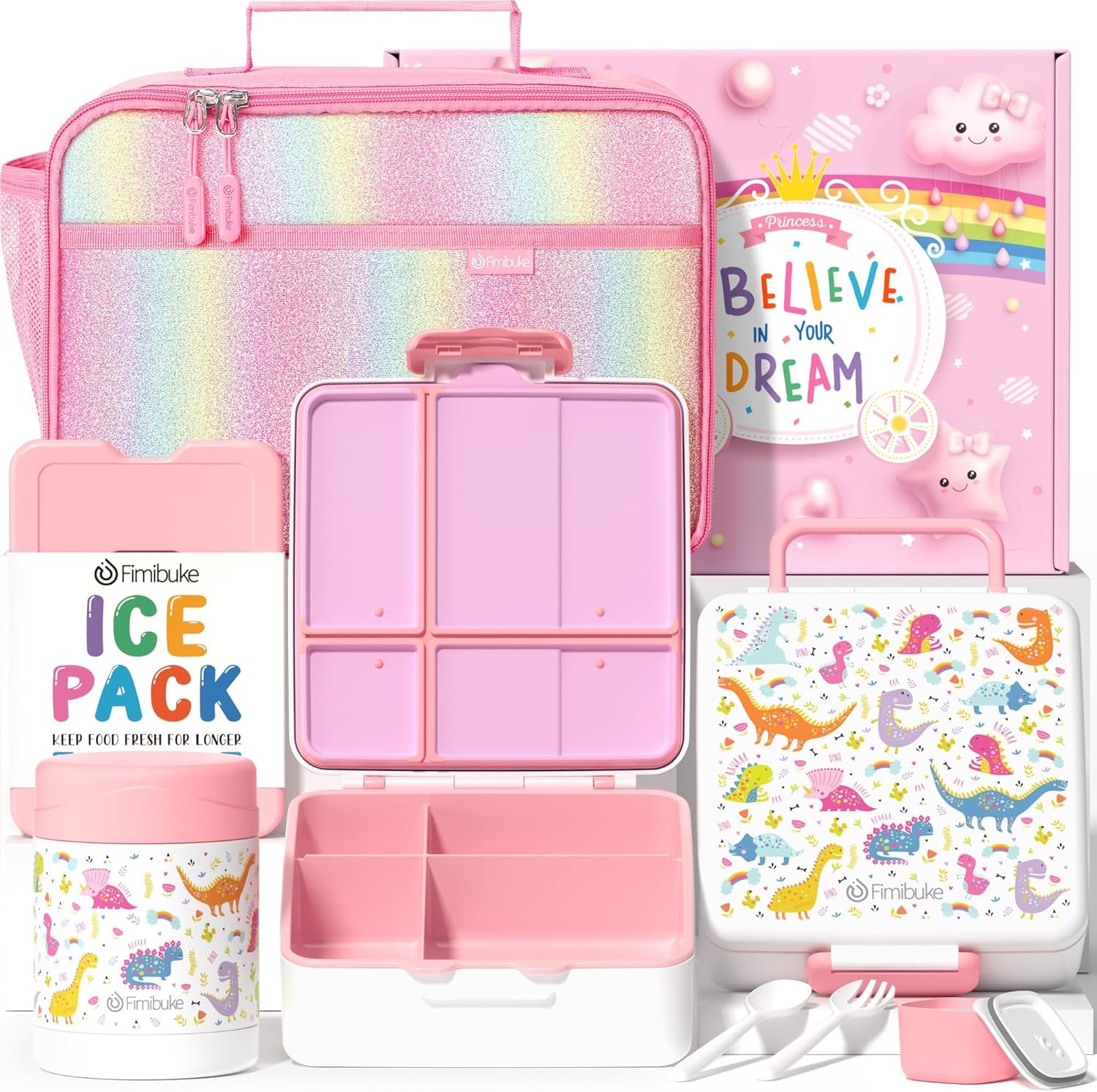 Fimibuke Kids Bento Lunch Box 4-Compartment with Insulated Bag, Vacuum Thermos & Utensils Set