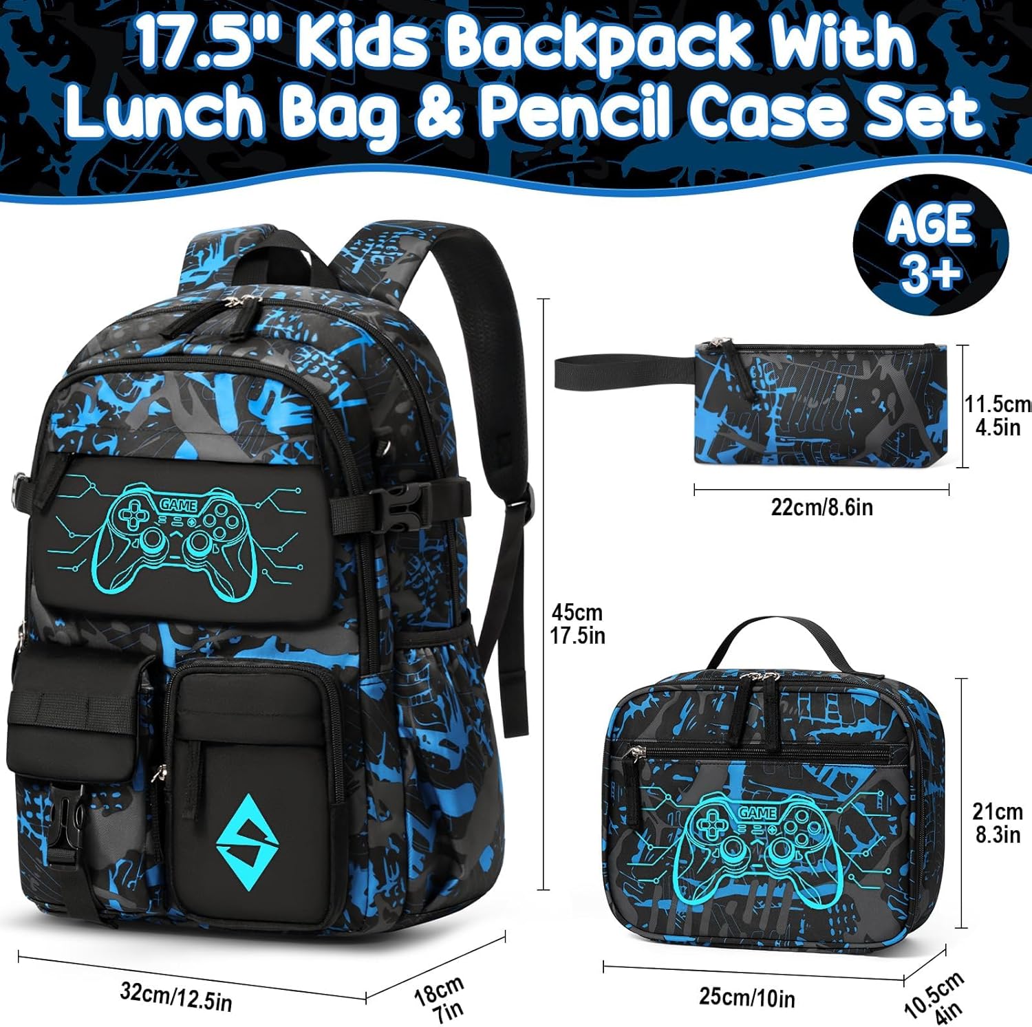 Fimibuke Boys 3PCS Glow-in-the-Dark Backpack Set with Lunch Box & Pencil Pouch