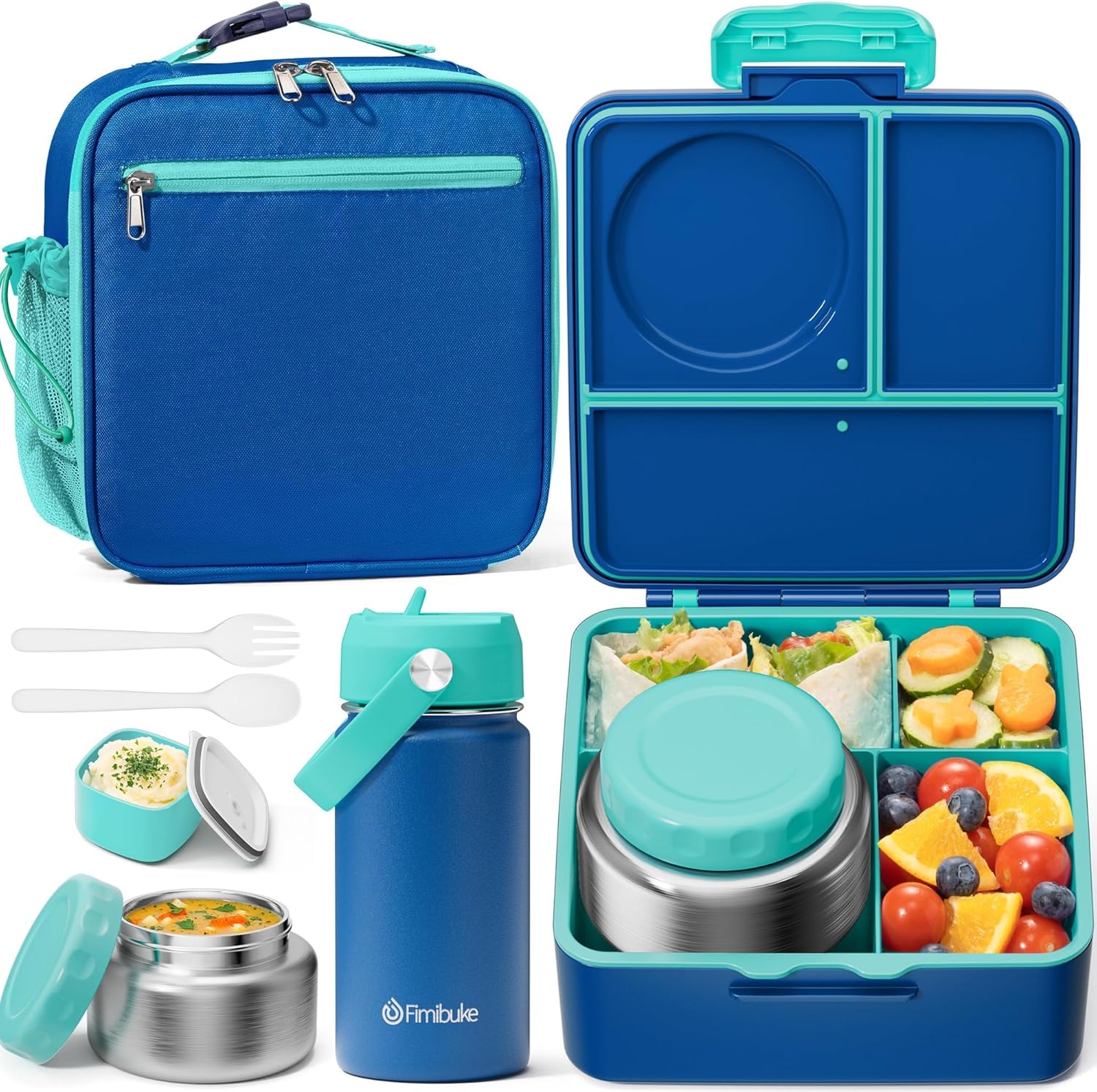 Fimibuke Kids Bento Lunch Box with 8.5oz Insulated Thermos, Leak-Proof Lunch Bag & Water Bottle, 3-4 Compartments