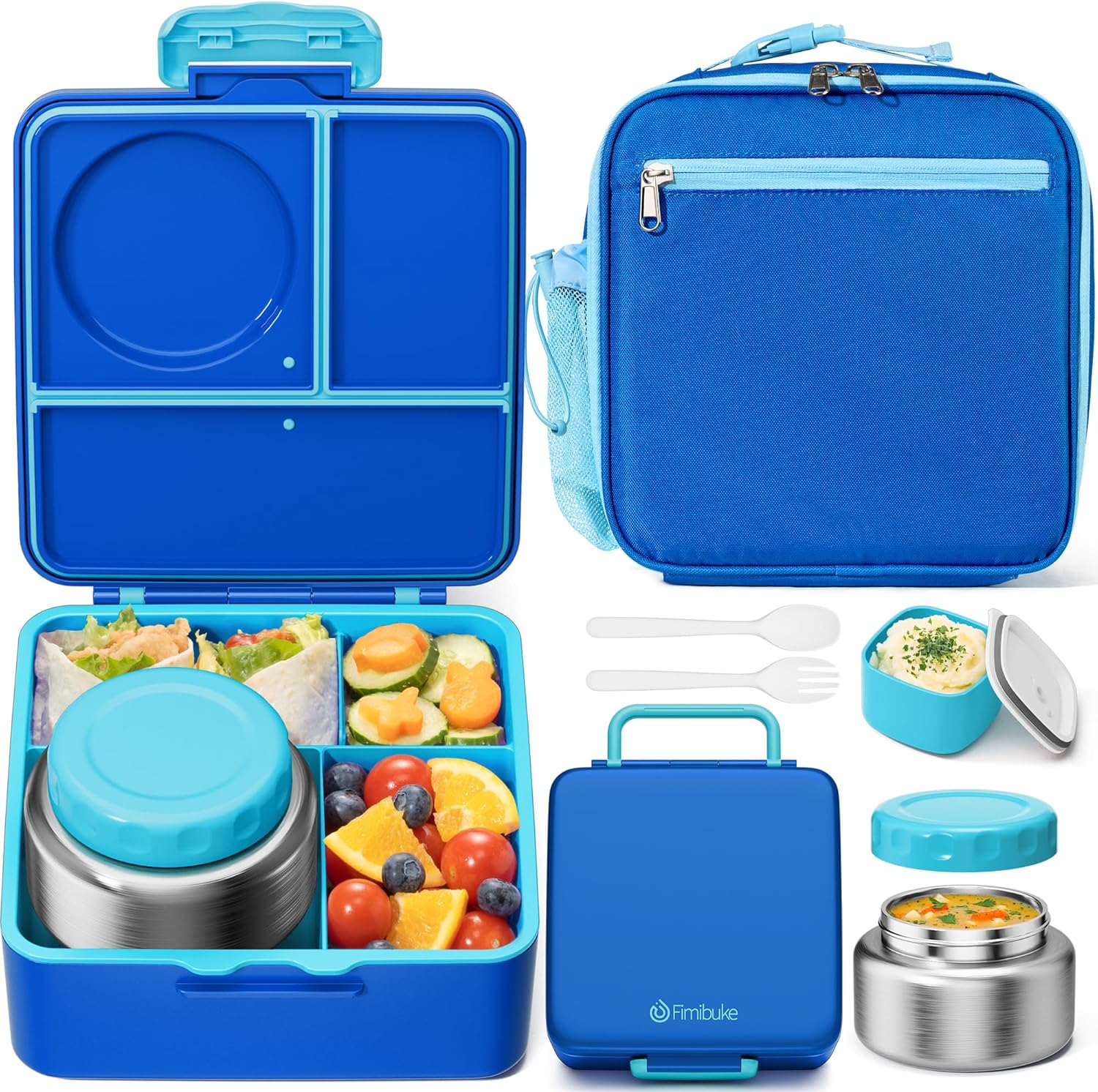 Fimibuke Bento Lunch Box Set for Kids & Adults with 8oz Thermos, Insulated Bag & Sauce Cup, Leak-Proof 3-4 Compartment Container