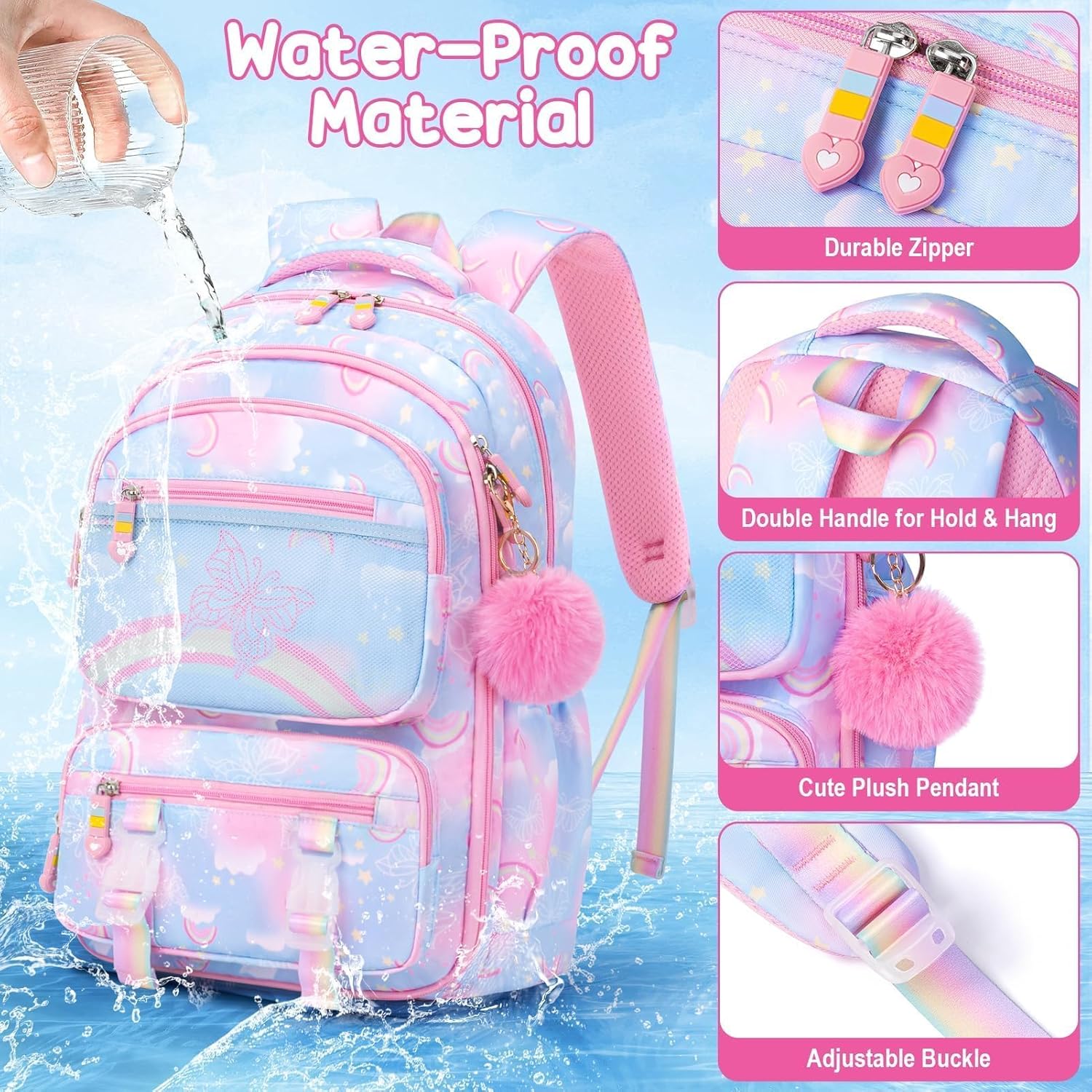 Fimibuke Girls 3PCS Backpack Set with Rainbow & Butterflies, Lunch Box & Pencil Case