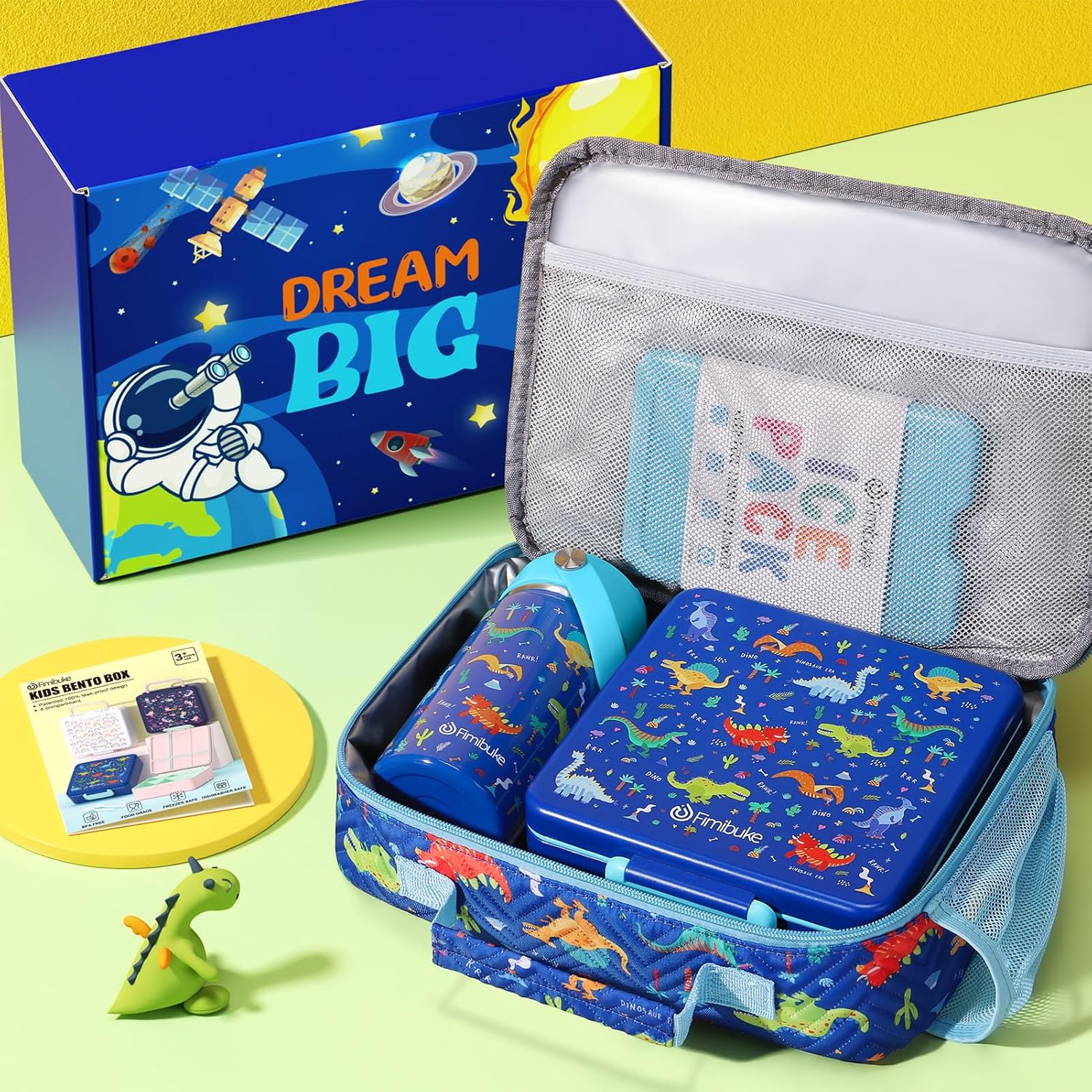 Fimibuke Kids Bento Lunch Box 4 Compartments with Insulated Bag, Stainless Steel Water Bottle, Ice Pack & Utensils Set