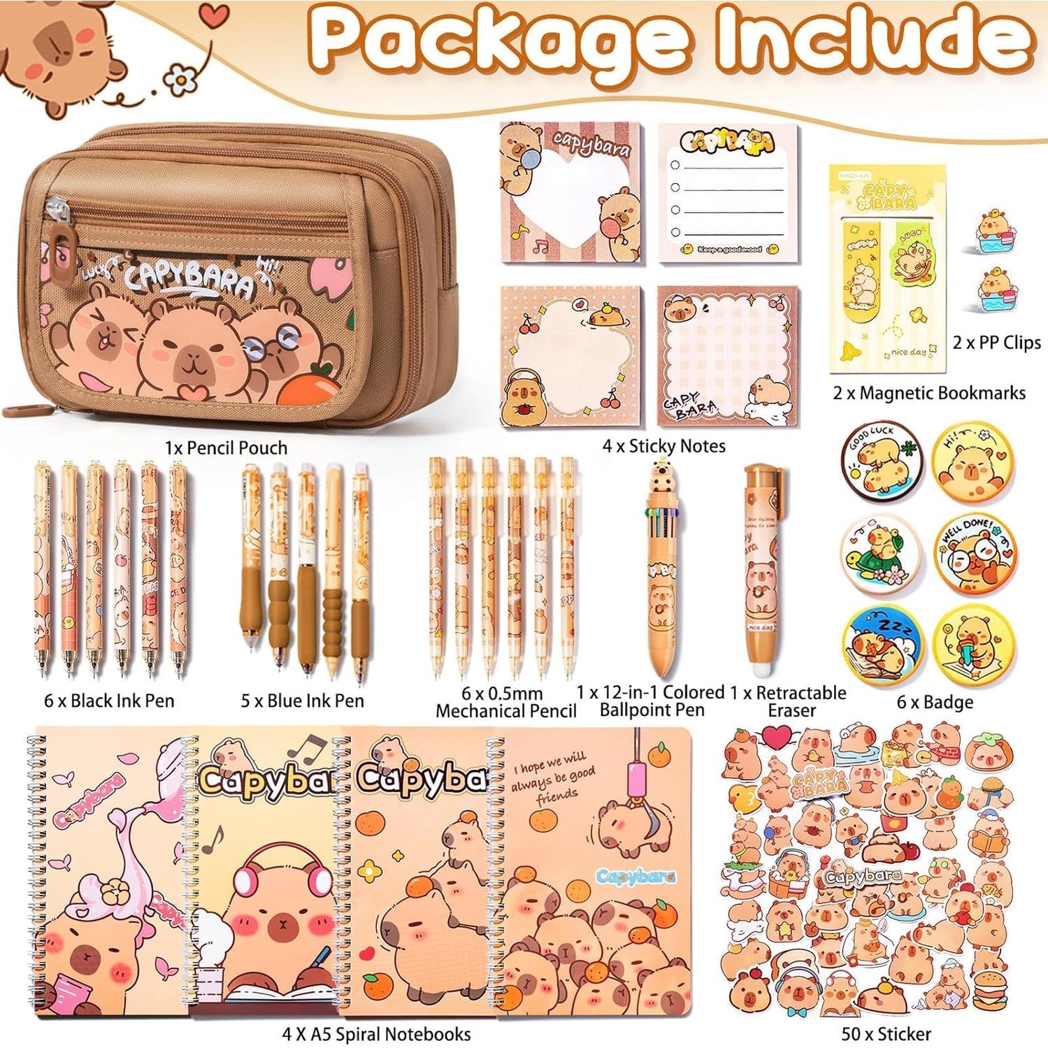 Fimibuke 36-Piece Capybara School Supplies Set with Pencil Case