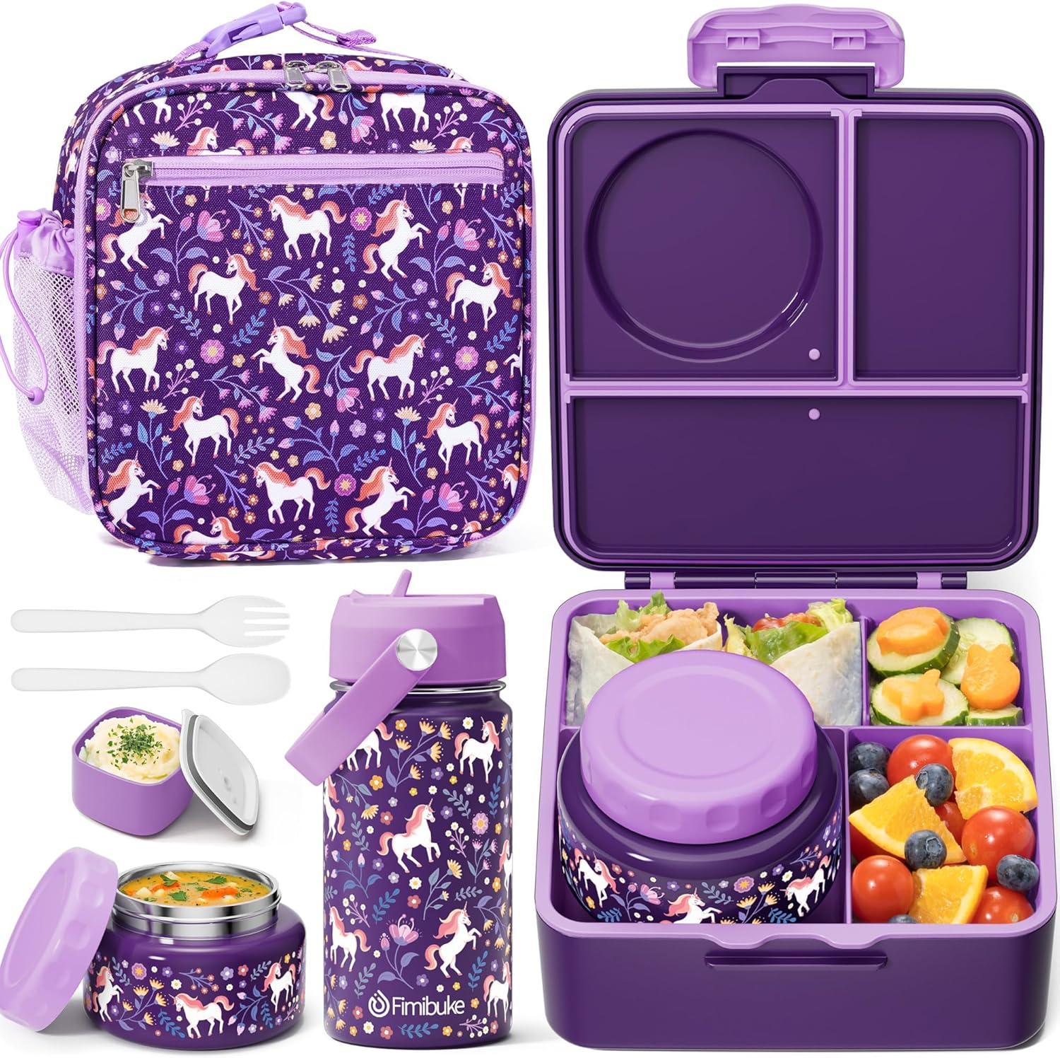 Fimibuke Kids Bento Lunch Box with 8.5oz Insulated Thermos, Leak-Proof Lunch Bag & Water Bottle, 3-4 Compartments