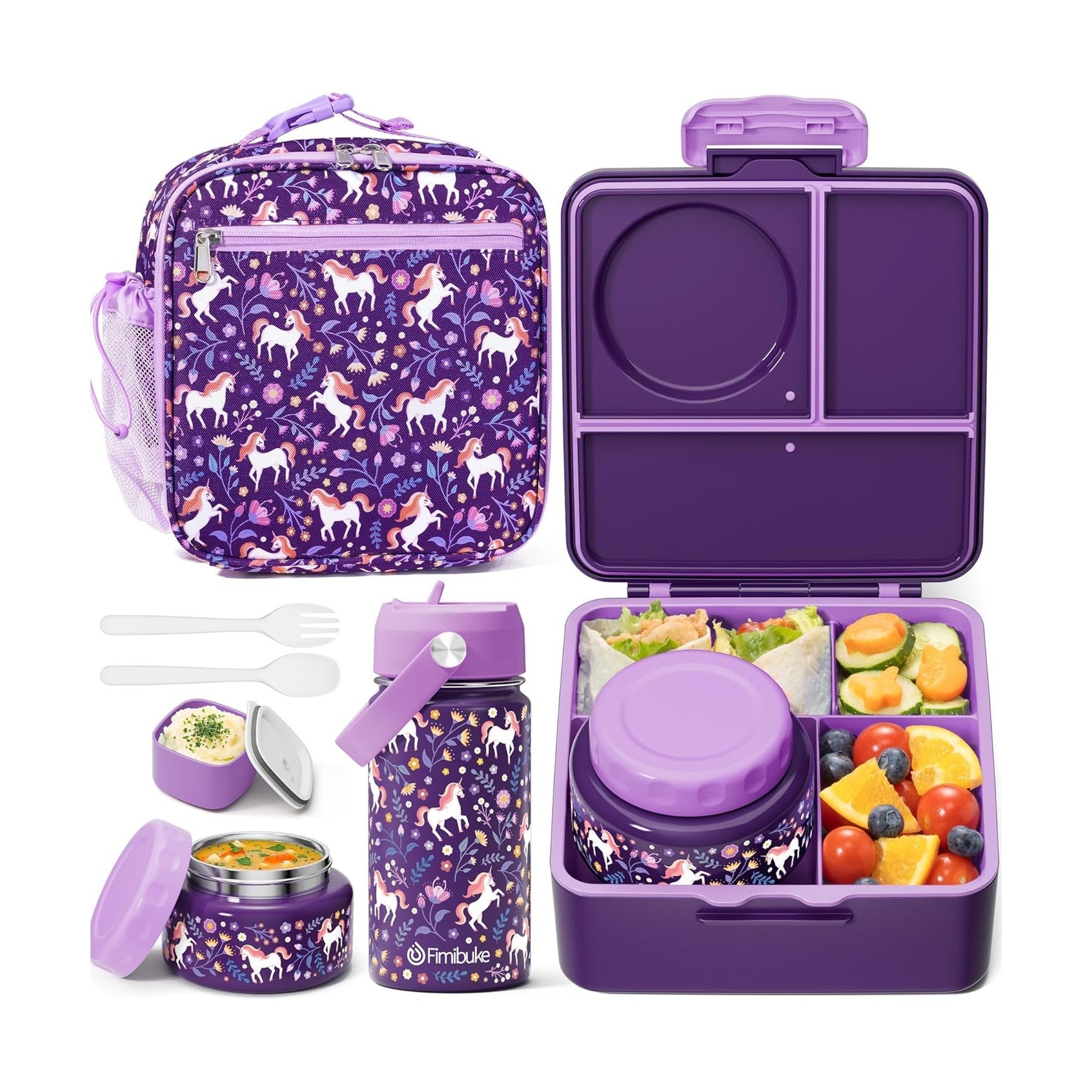 Fimibuke Kids Bento Lunch Set with Thermos, Water Bottle & Bag